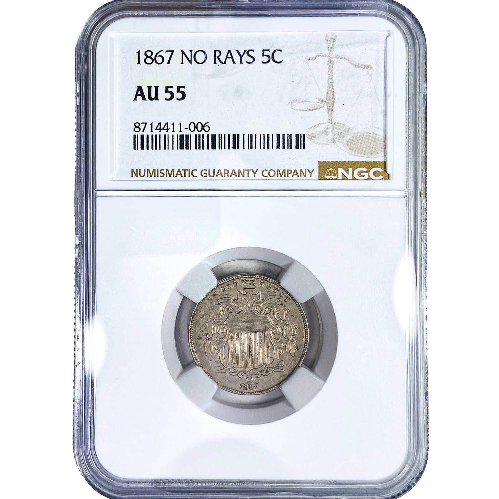 1867 Shield Nickel NGC AU55 No Rays: 1867 Shield Nickel NGC AU55 No Rays