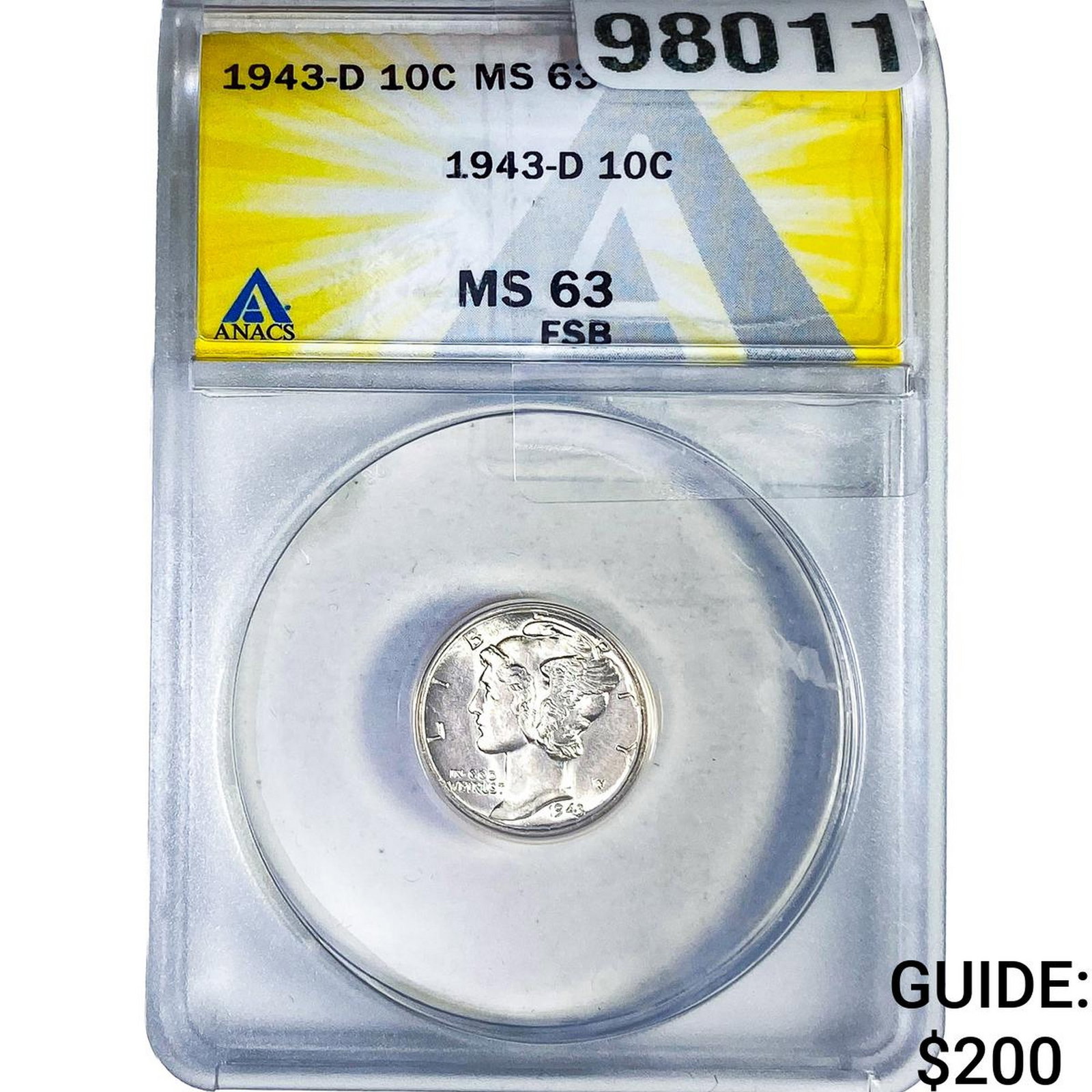 1943-D Mercury Silver Dime ANACS MS63 FSB: 1943-D Mercury Silver Dime ANACS MS63 FSB