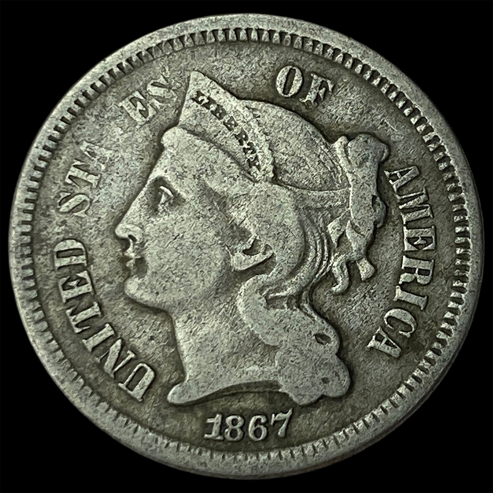 1867 Nickel Three-Cent Piece NEARLY UNCIRCULATED: 1867 Nickel Three-Cent Piece NEARLY UNCIRCULATED
