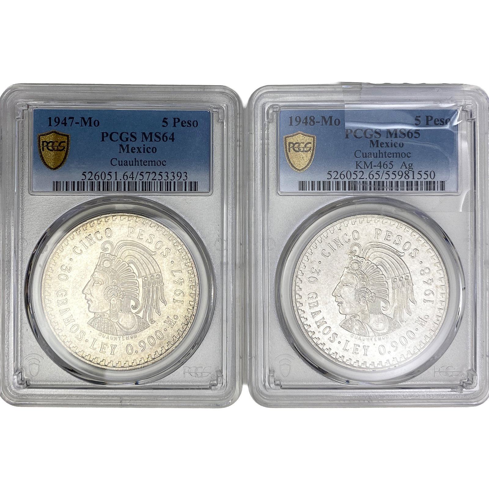 [2 Coins] 1948-Mo 5 Peso Mexico Cuauhtemoc PCGS MS65 (1 of 2)