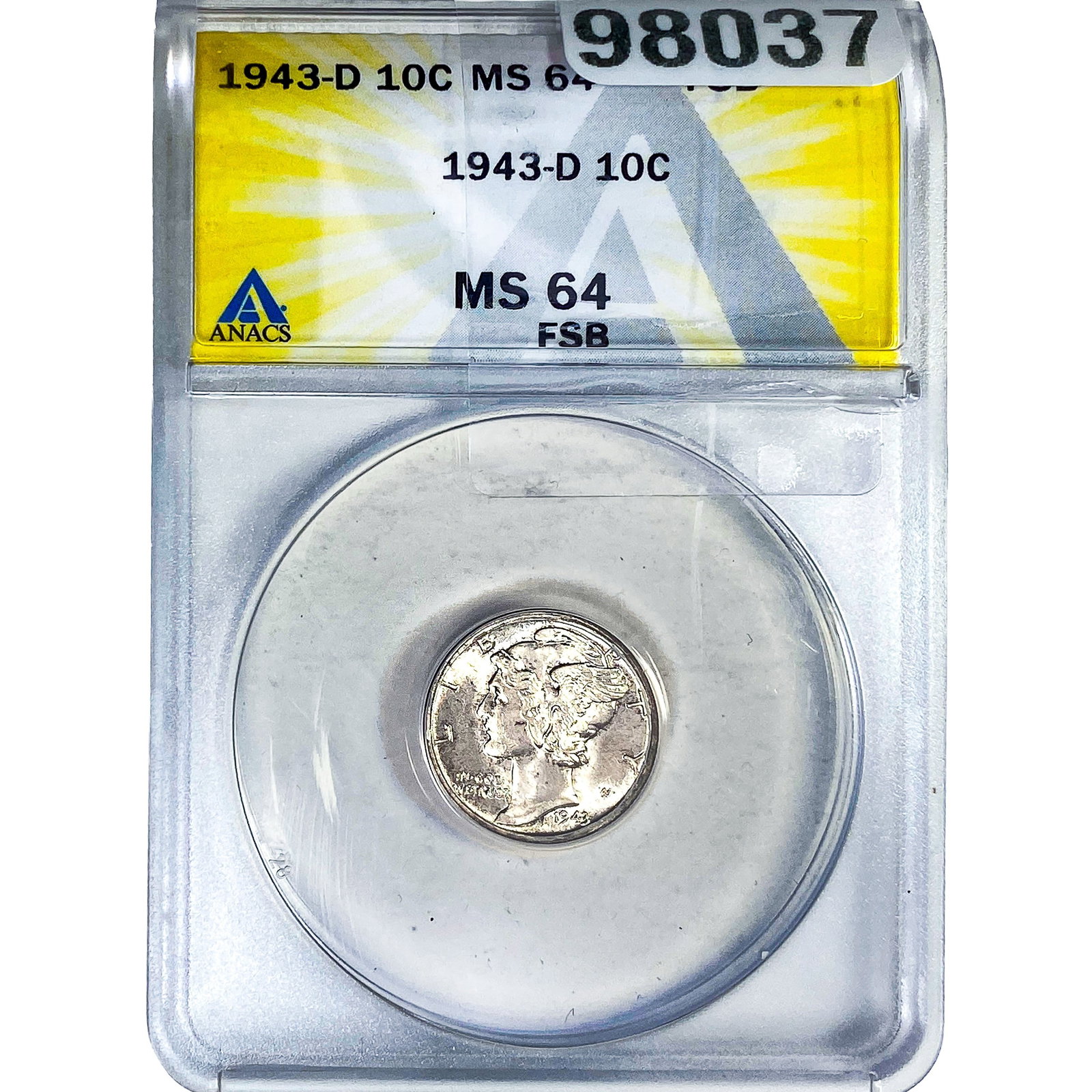 1943-D Mercury Silver Dime ANACS MS64 FSB: 1943-D Mercury Silver Dime ANACS MS64 FSB