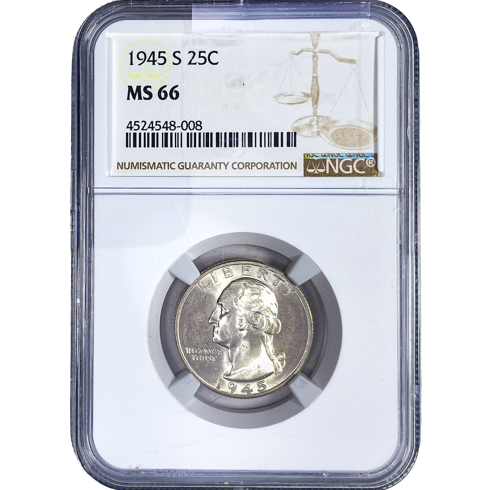 1945-S Washington Silver Quarter NGC MS66: 1945-S Washington Silver Quarter NGC MS66