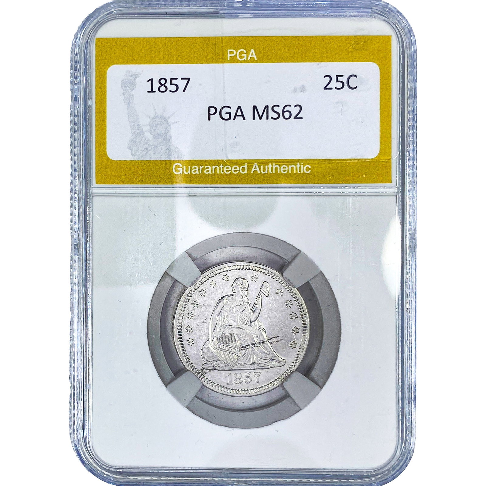 1857 Seated Liberty Quarter PGA MS62: 1857 Seated Liberty Quarter PGA MS62