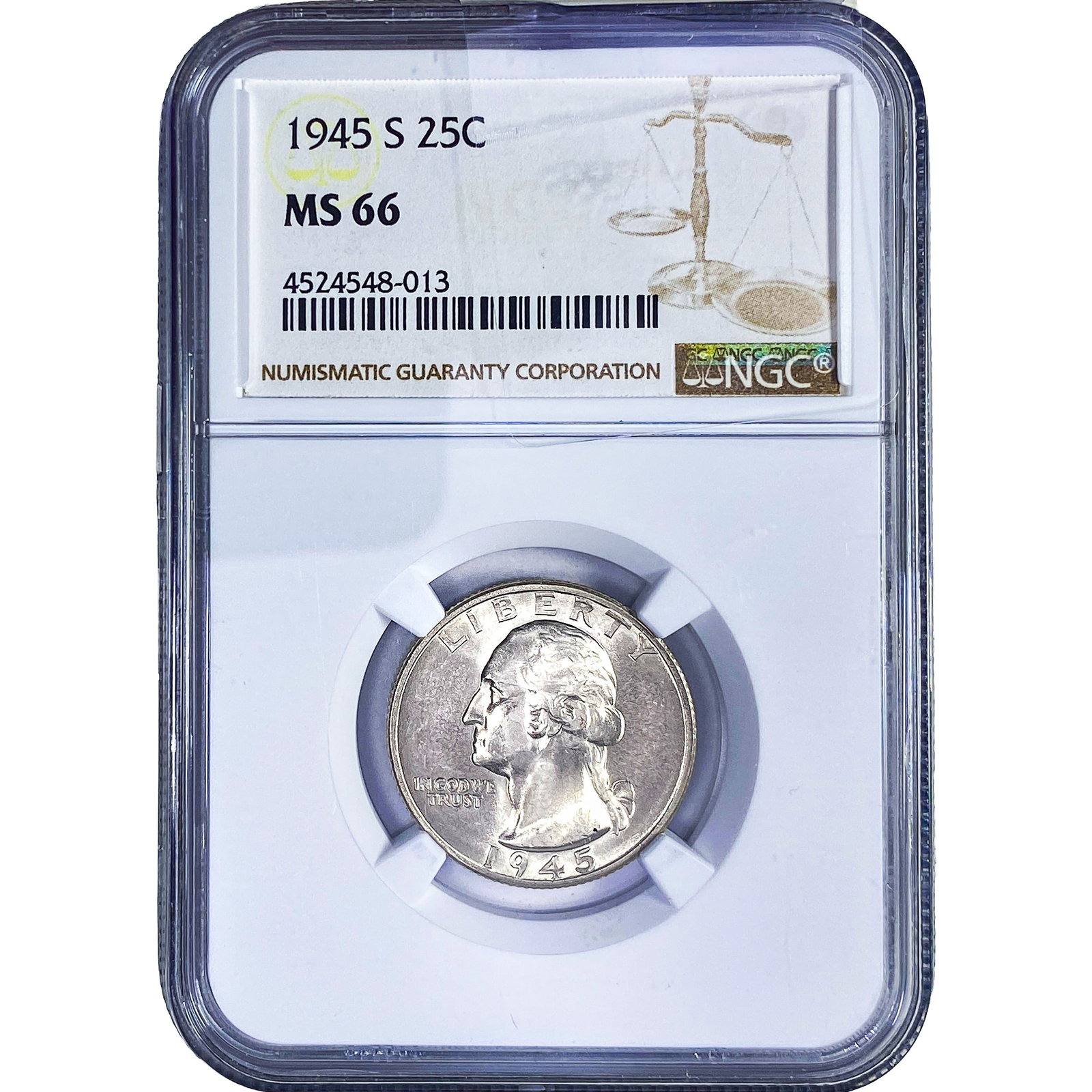 1945-S Washington Silver Quarter NGC MS66: 1945-S Washington Silver Quarter NGC MS66