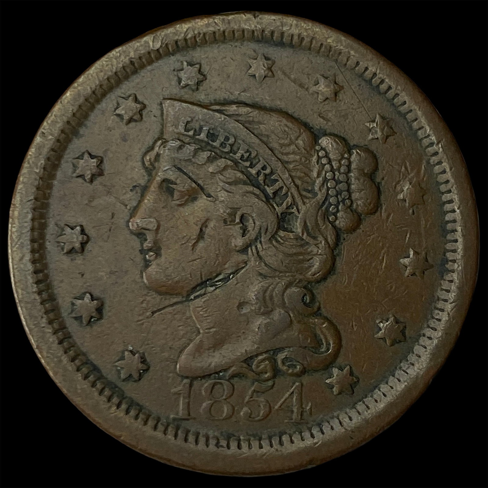 1854 Braided Hair Large Cent CLOSELY UNCIRCULATED (1 of 2)