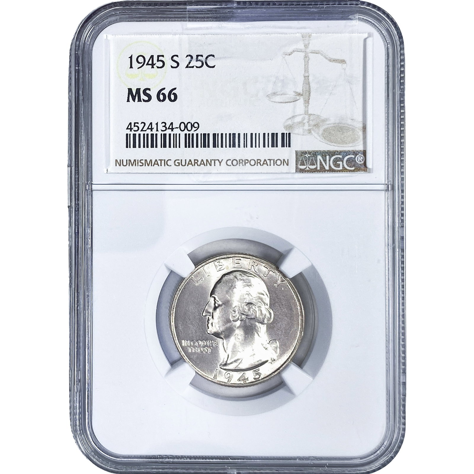 1945-S Washington Silver Quarter NGC MS66: 1945-S Washington Silver Quarter NGC MS66