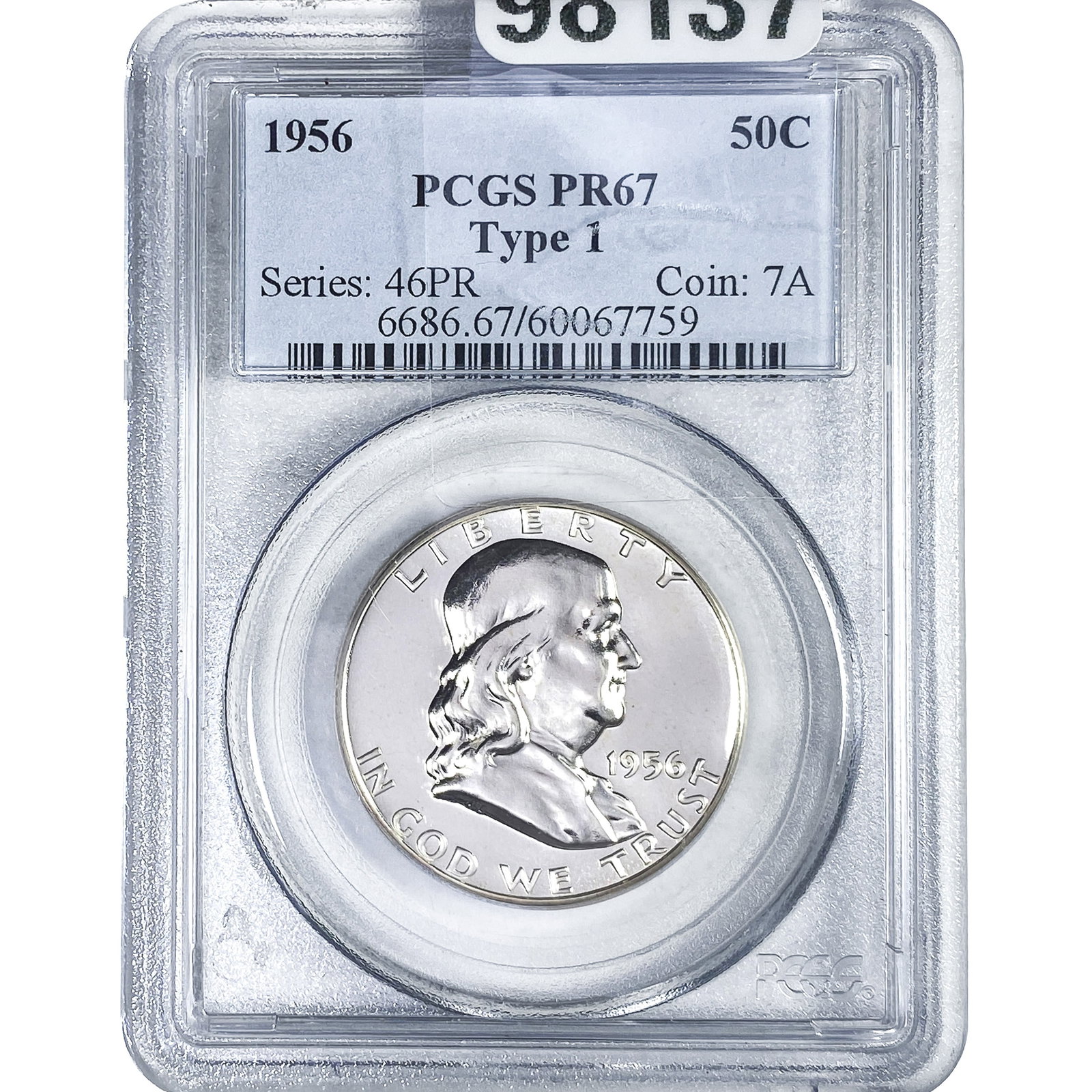 1956 Franklin Half Dollar PCGS PR67 Type 1: 1956 Franklin Half Dollar PCGS PR67 Type 1