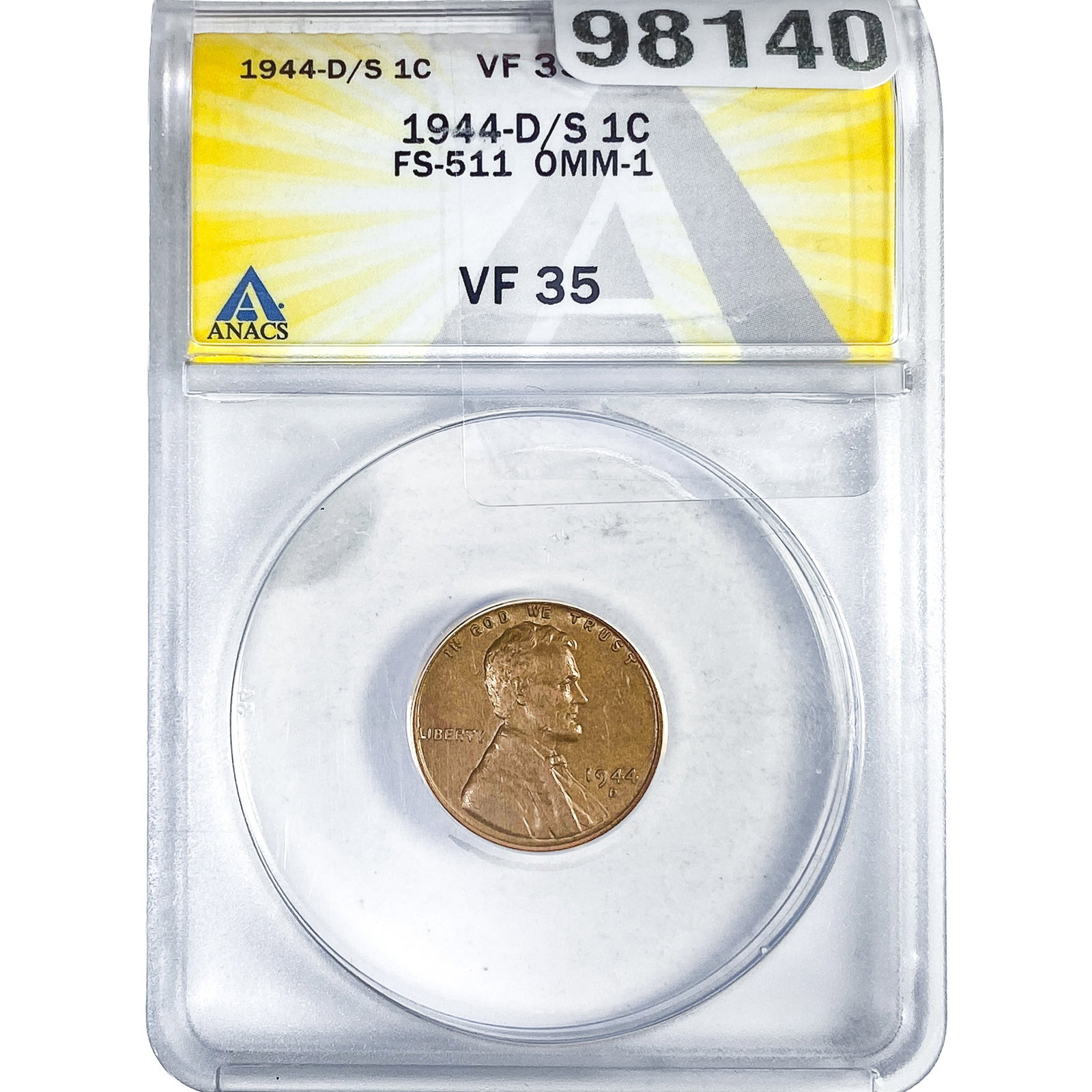 1944-D/S Wheat Cent ANACS VF35: 1944-D/S Wheat Cent ANACS VF35
