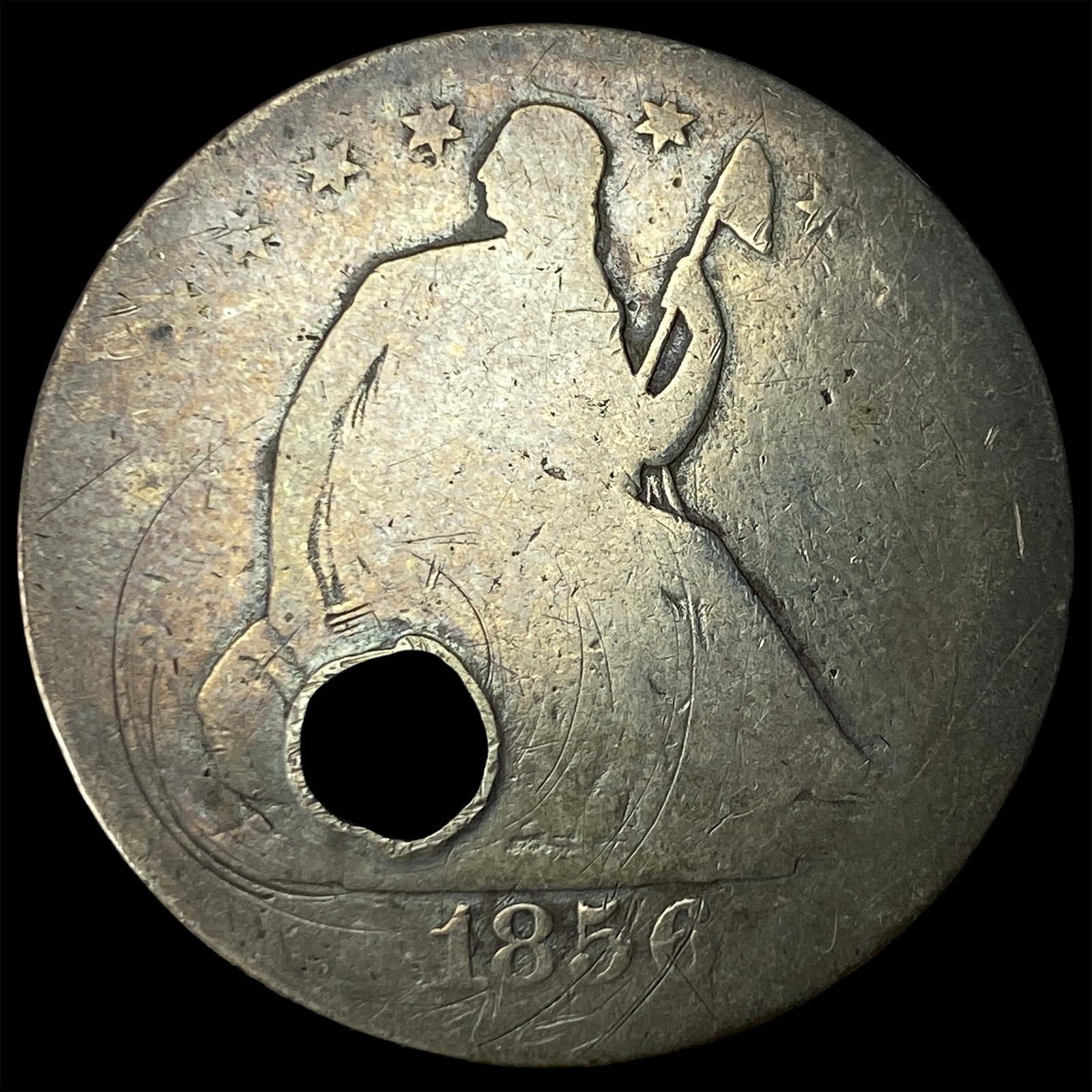 1856-S Silver Half Dollar (holed) NICELY CIRCULATED: 1856-S Silver Half Dollar (holed) NICELY CIRCULATED