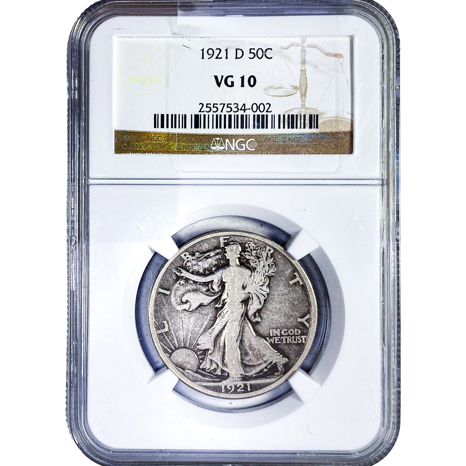 1921-D Walking Liberty Half Dollar NGC VG10: 1921-D Walking Liberty Half Dollar NGC VG10