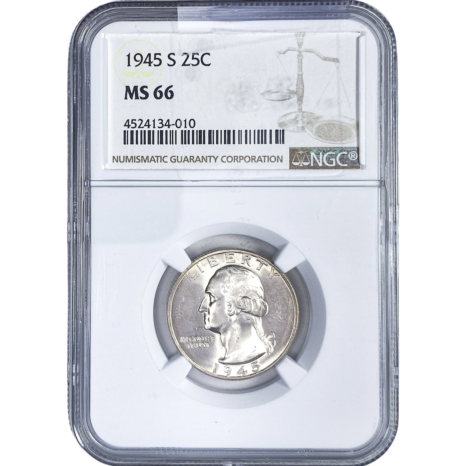 1945-S Washington Silver Quarter NGC MS66: 1945-S Washington Silver Quarter NGC MS66