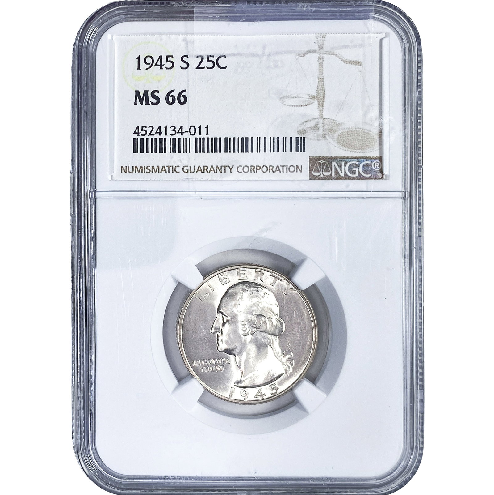1945-S Washington Silver Quarter NGC MS66: 1945-S Washington Silver Quarter NGC MS66