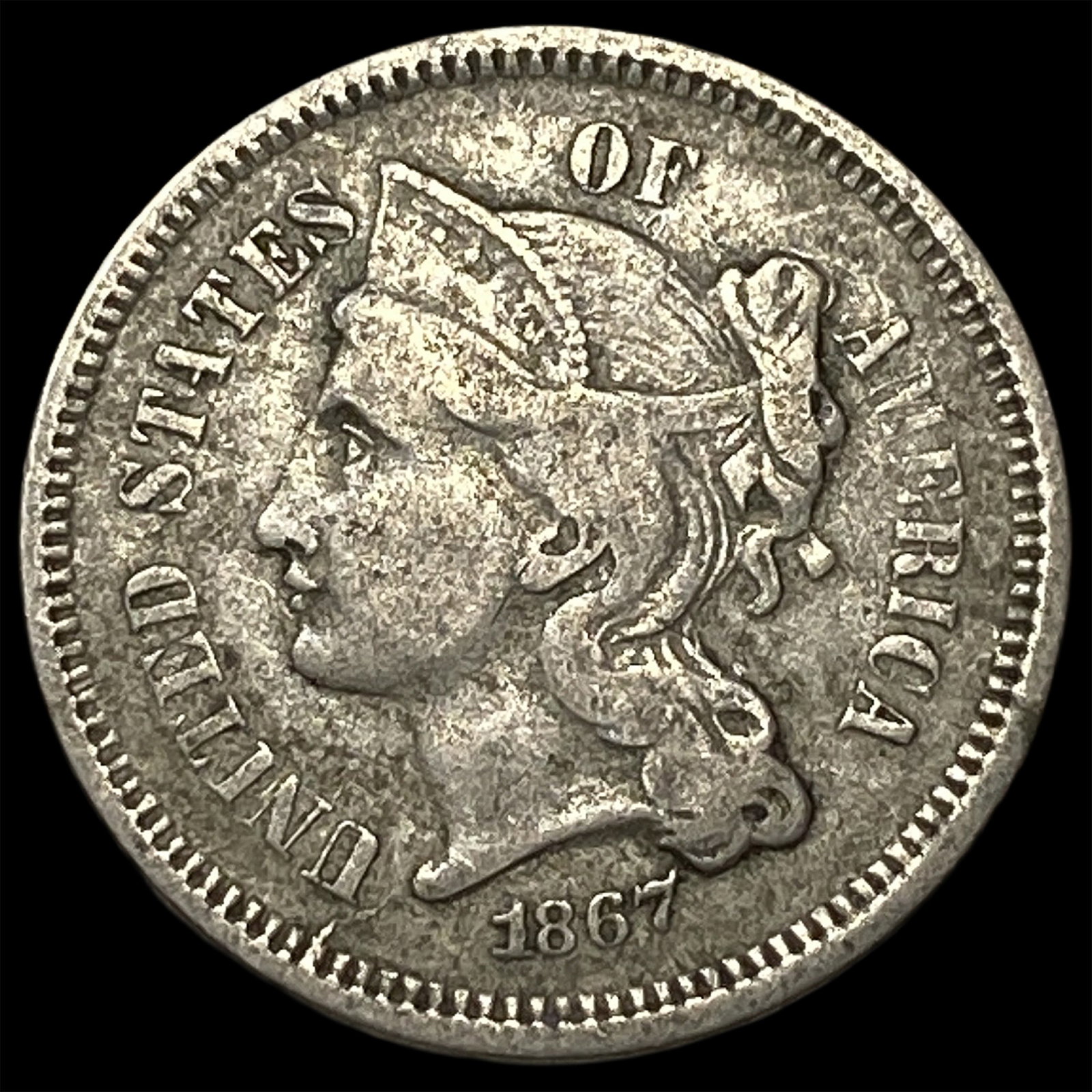 1867 Nickel Three-Cent Piece NEARLY UNCIRCULATED: 1867 Nickel Three-Cent Piece NEARLY UNCIRCULATED