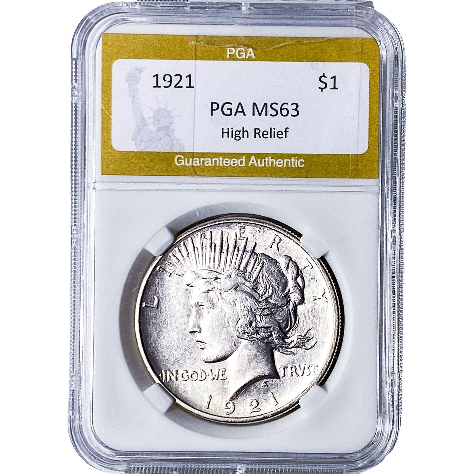 1921 Silver Peace Dollar PGA MS63 High Relief: 1921 Silver Peace Dollar PGA MS63 High Relief