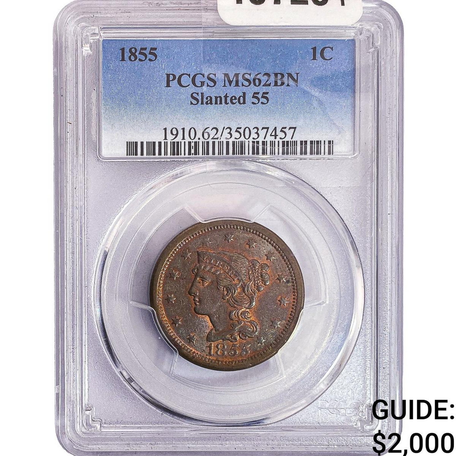 1855 Braided Hair Large Cent PCGS MS62 BN Slant 55: 1855 Braided Hair Large Cent PCGS MS62 BN Slant 55