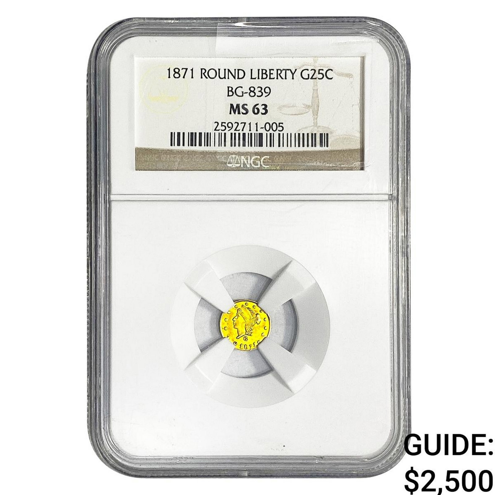 1871 Round California Gold Quarter NGC MS63 BG-839: 1871 Round California Gold Quarter NGC MS63 BG-839