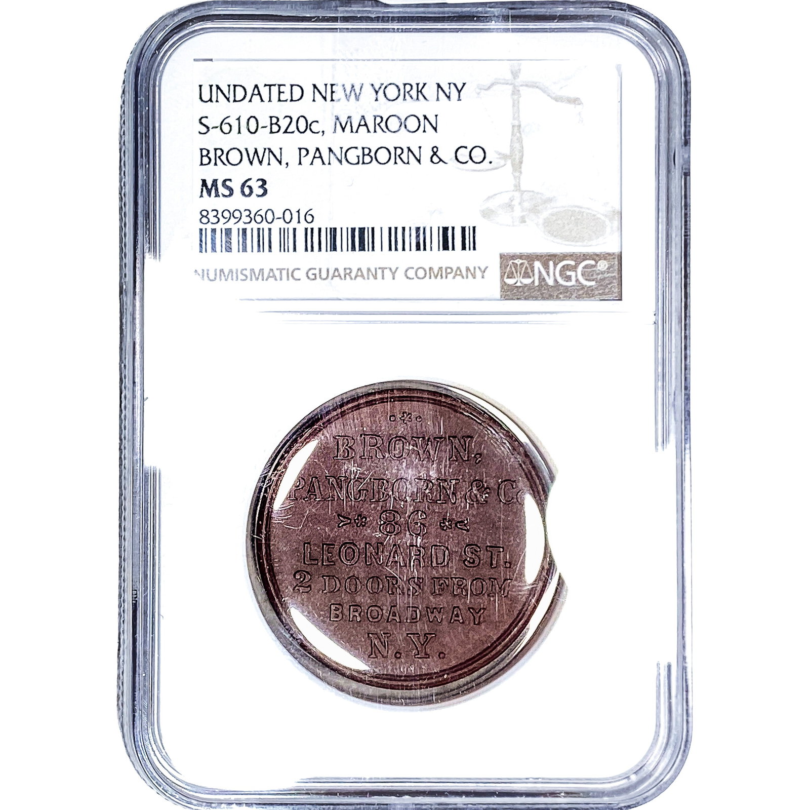 New York NY Maroon Brown, Pangborn&Co. Token NGC MS63: New York NY Maroon Brown, Pangborn&Co. Token NGC MS63