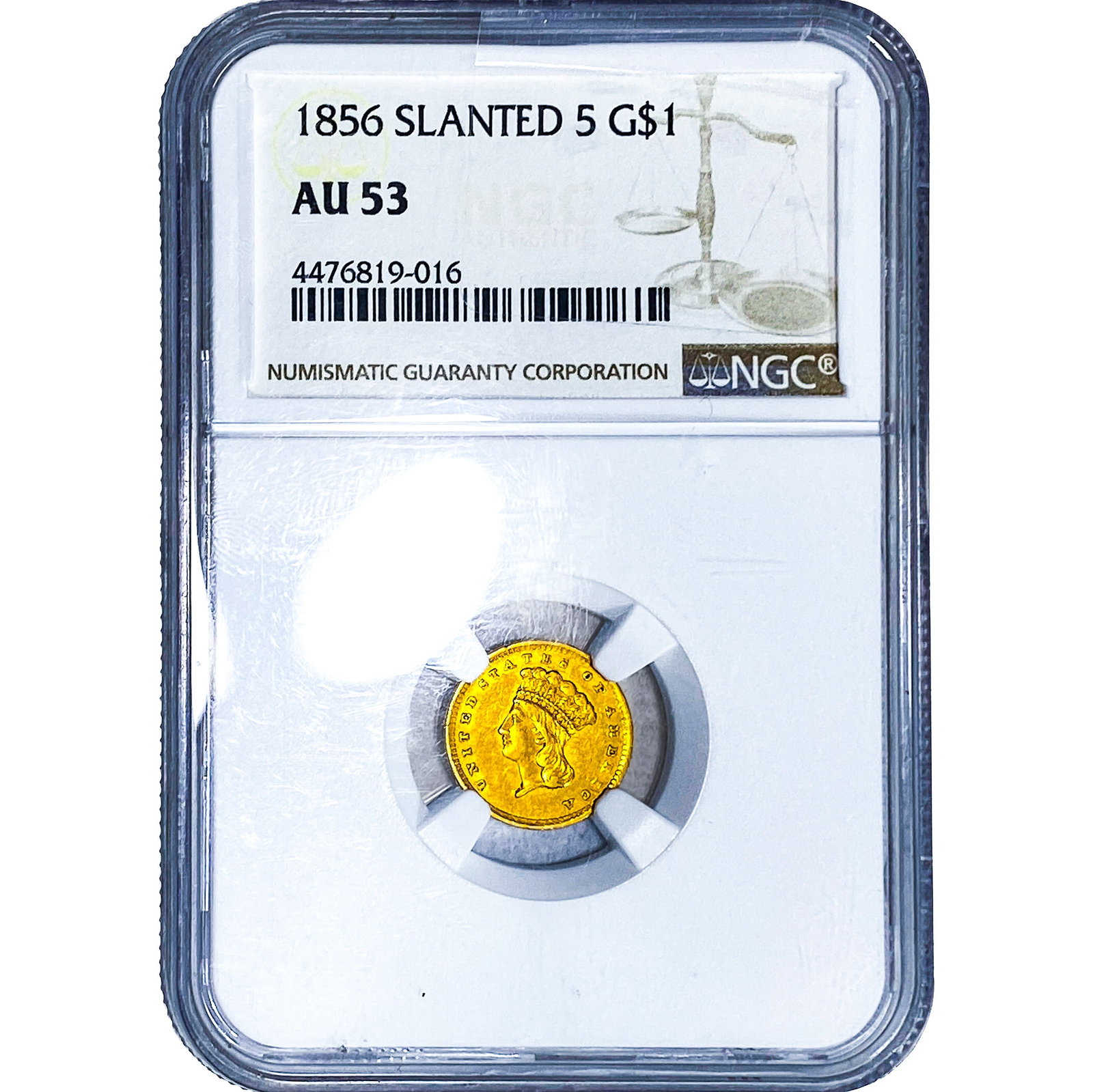 1856 Rare Gold Dollar NGC AU53 Slanted 5: 1856 Rare Gold Dollar NGC AU53 Slanted 5