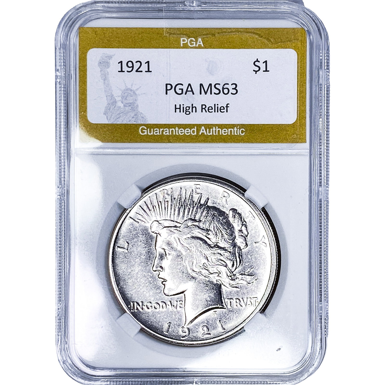 1921 Silver Peace Dollar PGA MS63 High Relief: 1921 Silver Peace Dollar PGA MS63 High Relief