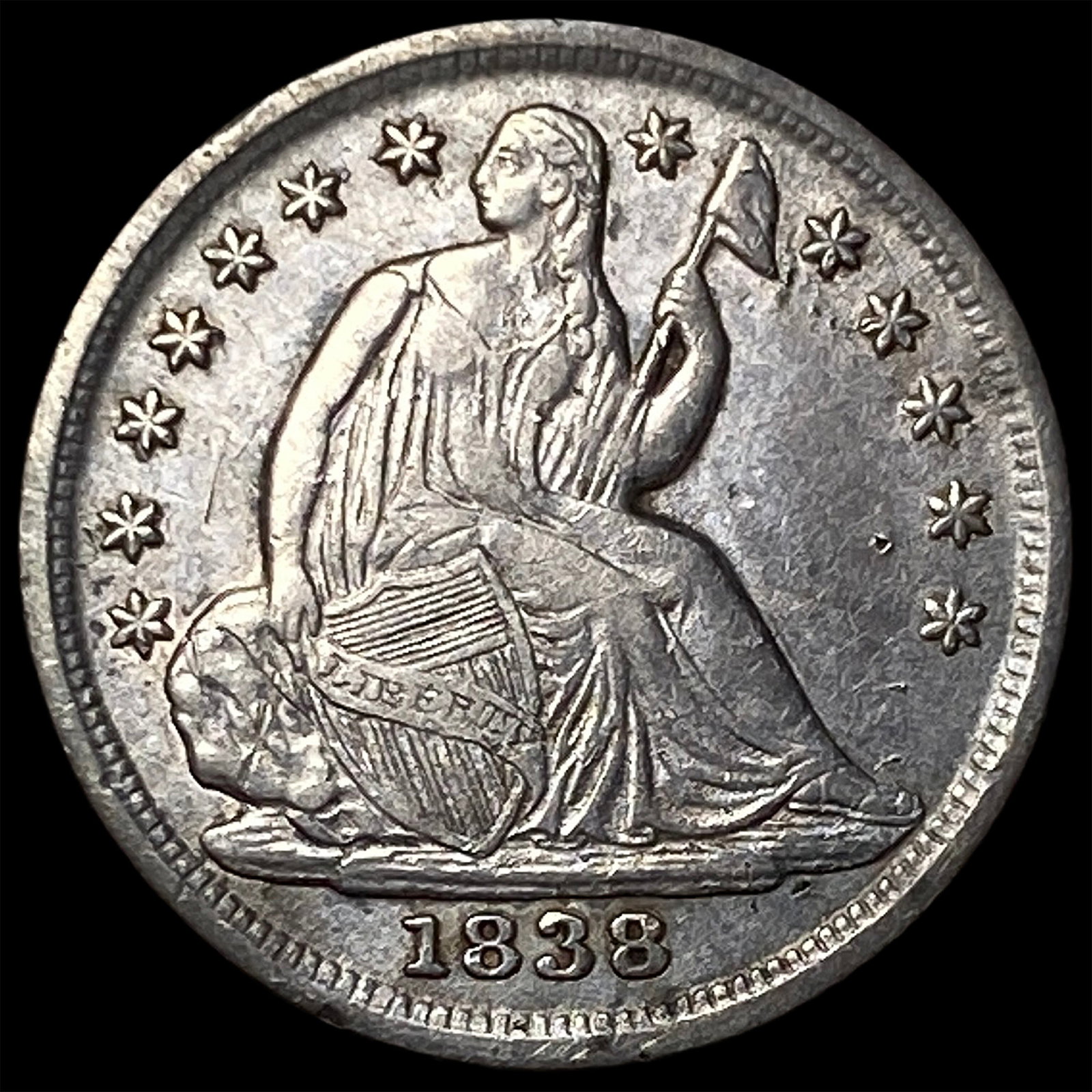 1838 Silver Seated Liberty Half Dime CLOSELY UNCIRCULATED: 1838 Silver Seated Liberty Half Dime CLOSELY UNCIRCULATED