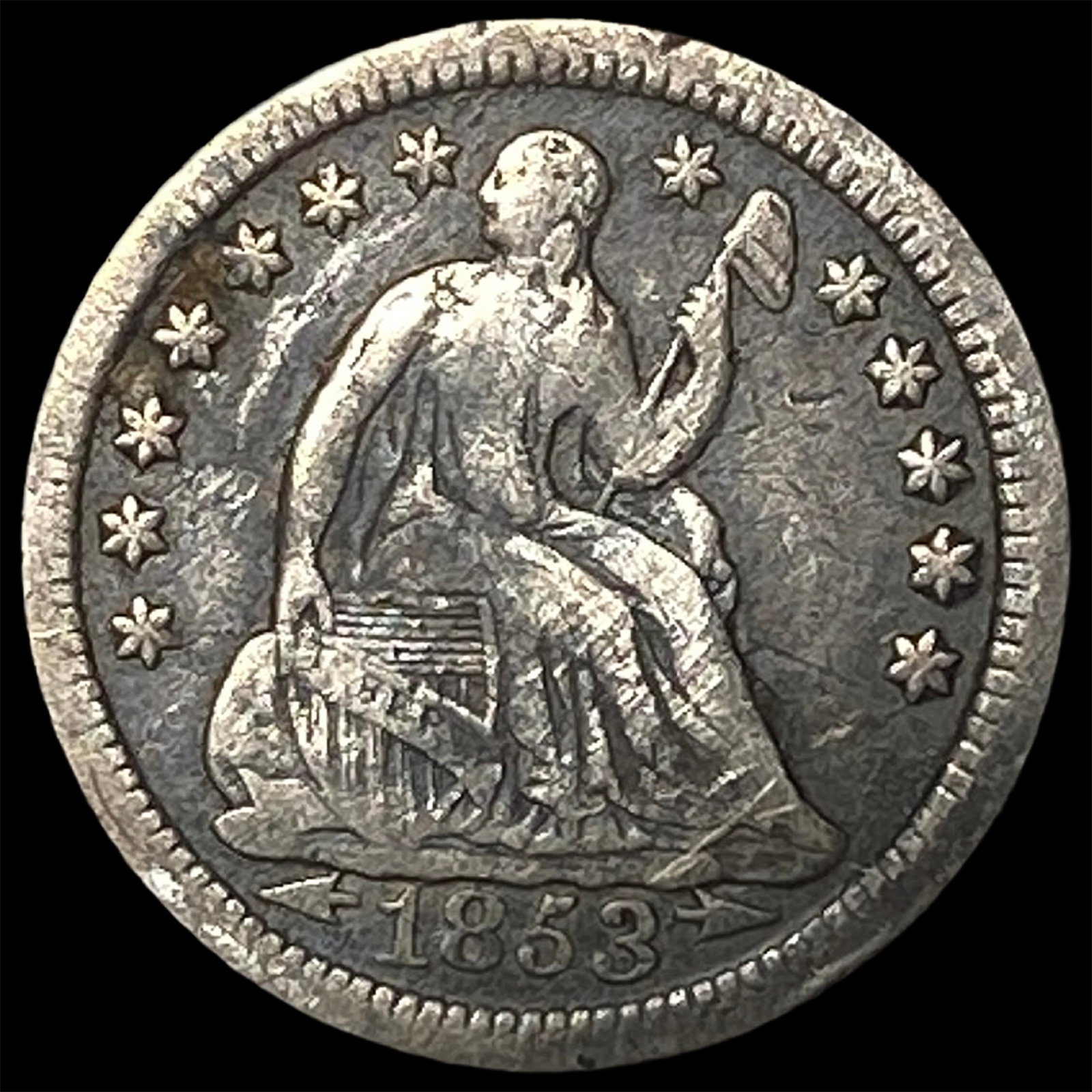 1853-O Silver Seated Liberty Half Dime ABOUT UNCIRCULATED