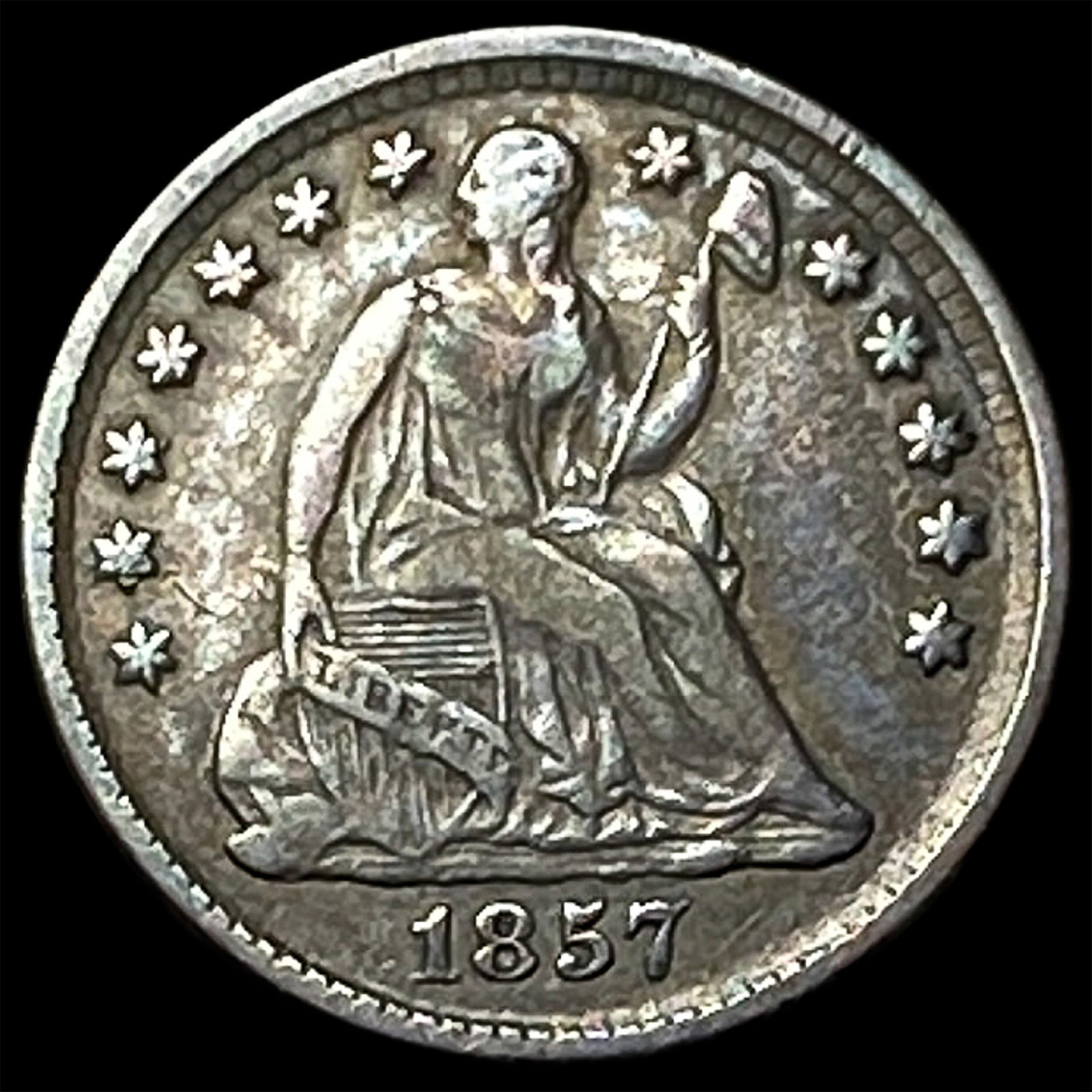 1857 Silver Seated Liberty Half Dime NEARLY UNCIRCULATED: 1857 Silver Seated Liberty Half Dime NEARLY UNCIRCULATED