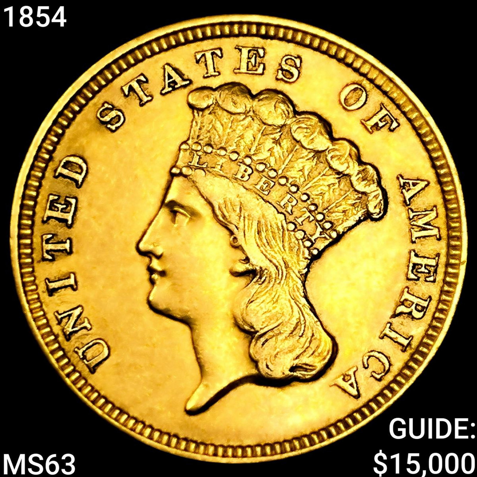 1854 $3 Gold Piece CHOICE BU: 1854 $3 Gold Piece CHOICE BU