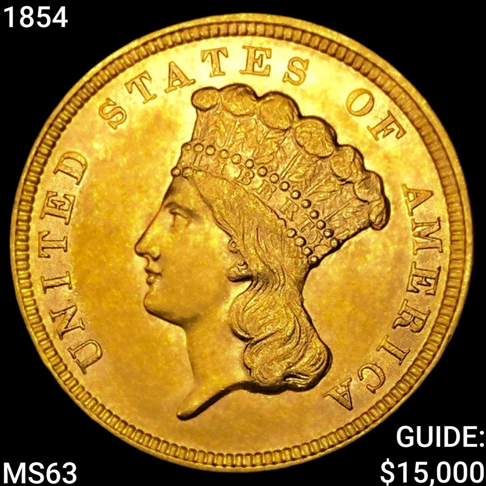 1854 $3 Gold Piece CHOICE BU: 1854 $3 Gold Piece CHOICE BU
