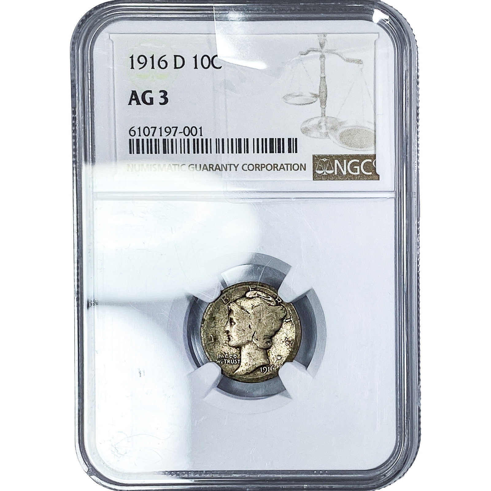 1916-D Mercury Silver Dime NGC AG3: 1916-D Mercury Silver Dime NGC AG3