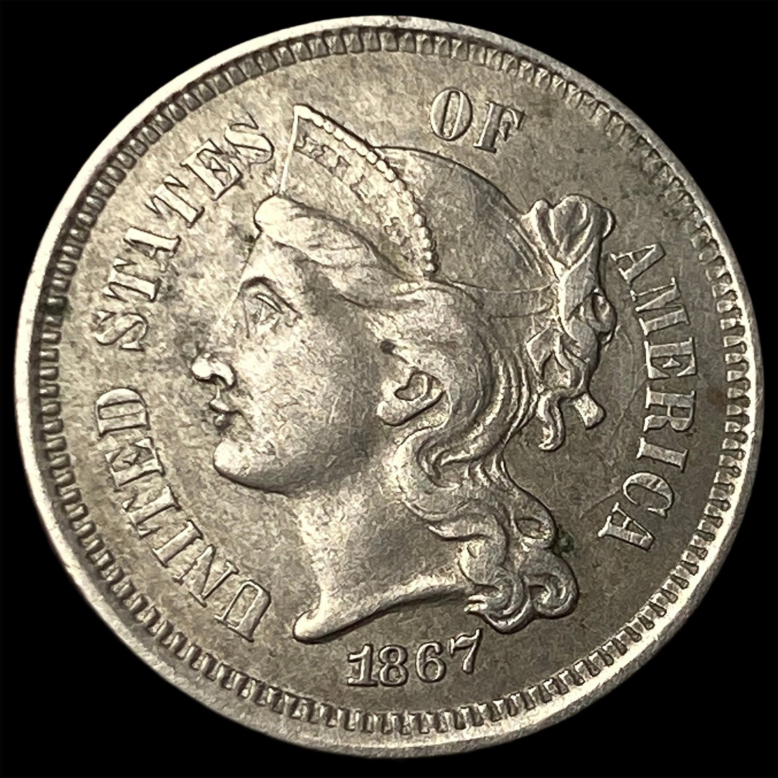 1867 Nickel Three-Cent Piece NEARLY UNCIRCULATED: 1867 Nickel Three-Cent Piece NEARLY UNCIRCULATED