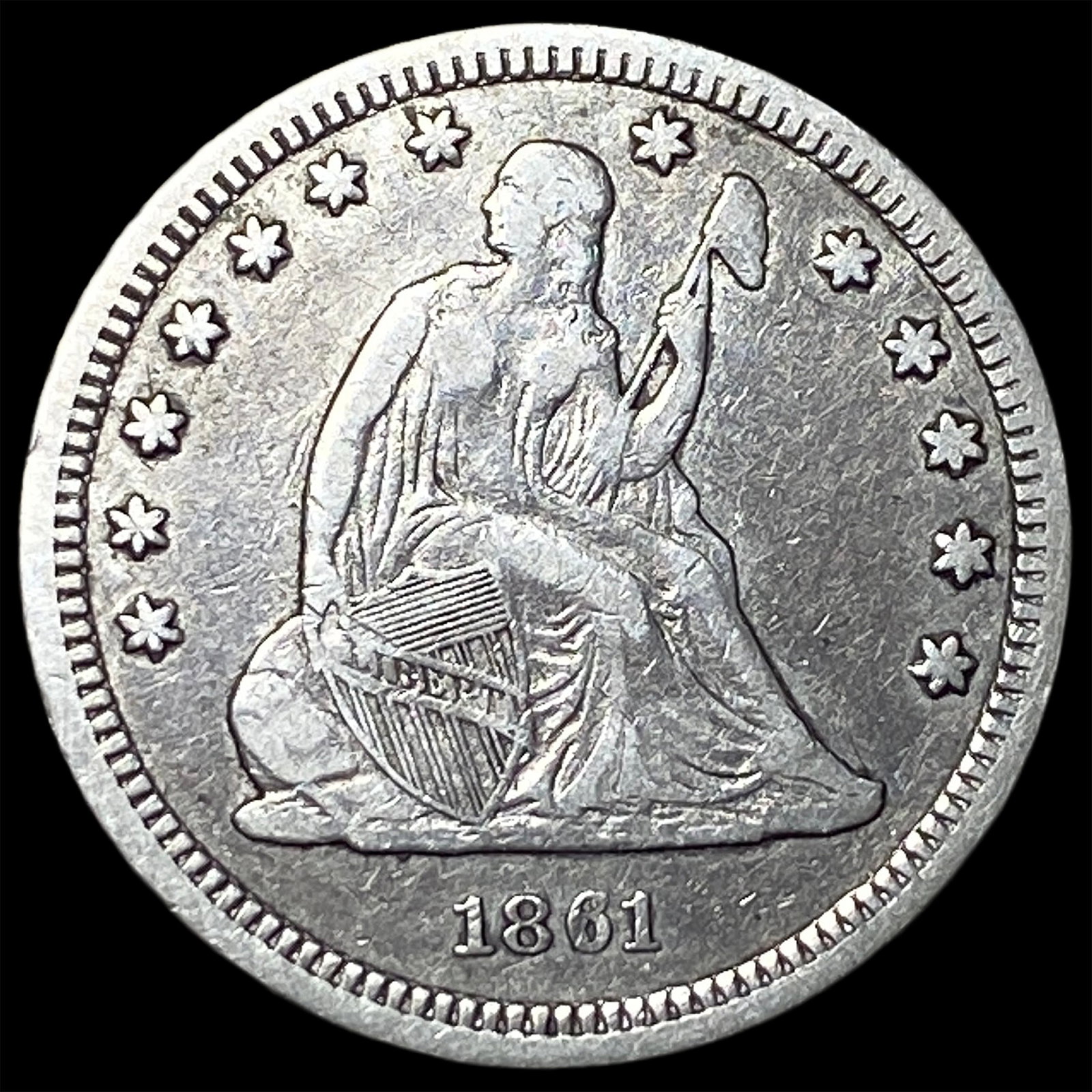 1861 Silver Seated Liberty Quarter ABOUT UNCIRCULATED: 1861 Silver Seated Liberty Quarter ABOUT UNCIRCULATED