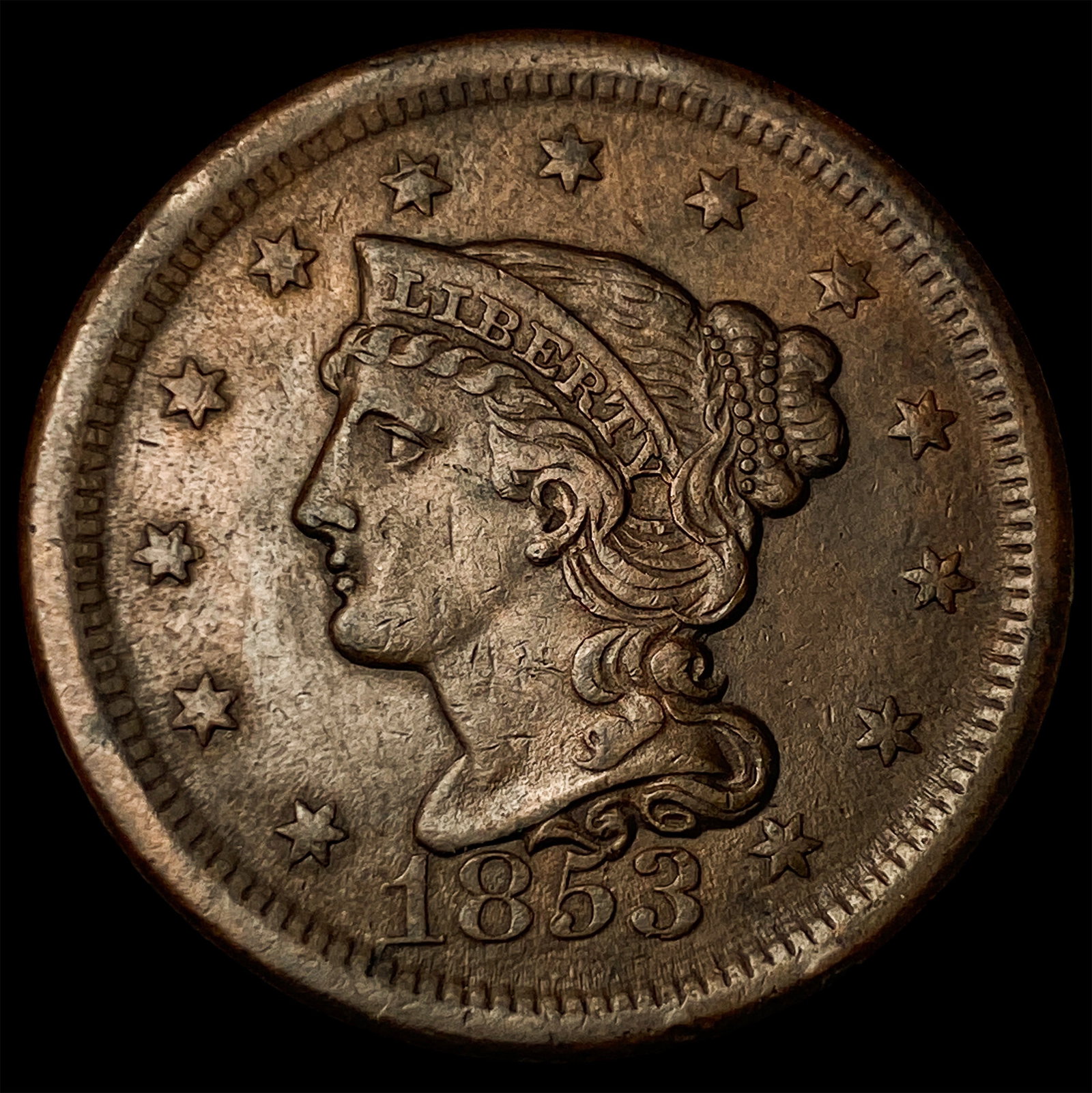 1853 Braided Hair Large Cent CHOICE AU: 1853 Braided Hair Large Cent CHOICE AU