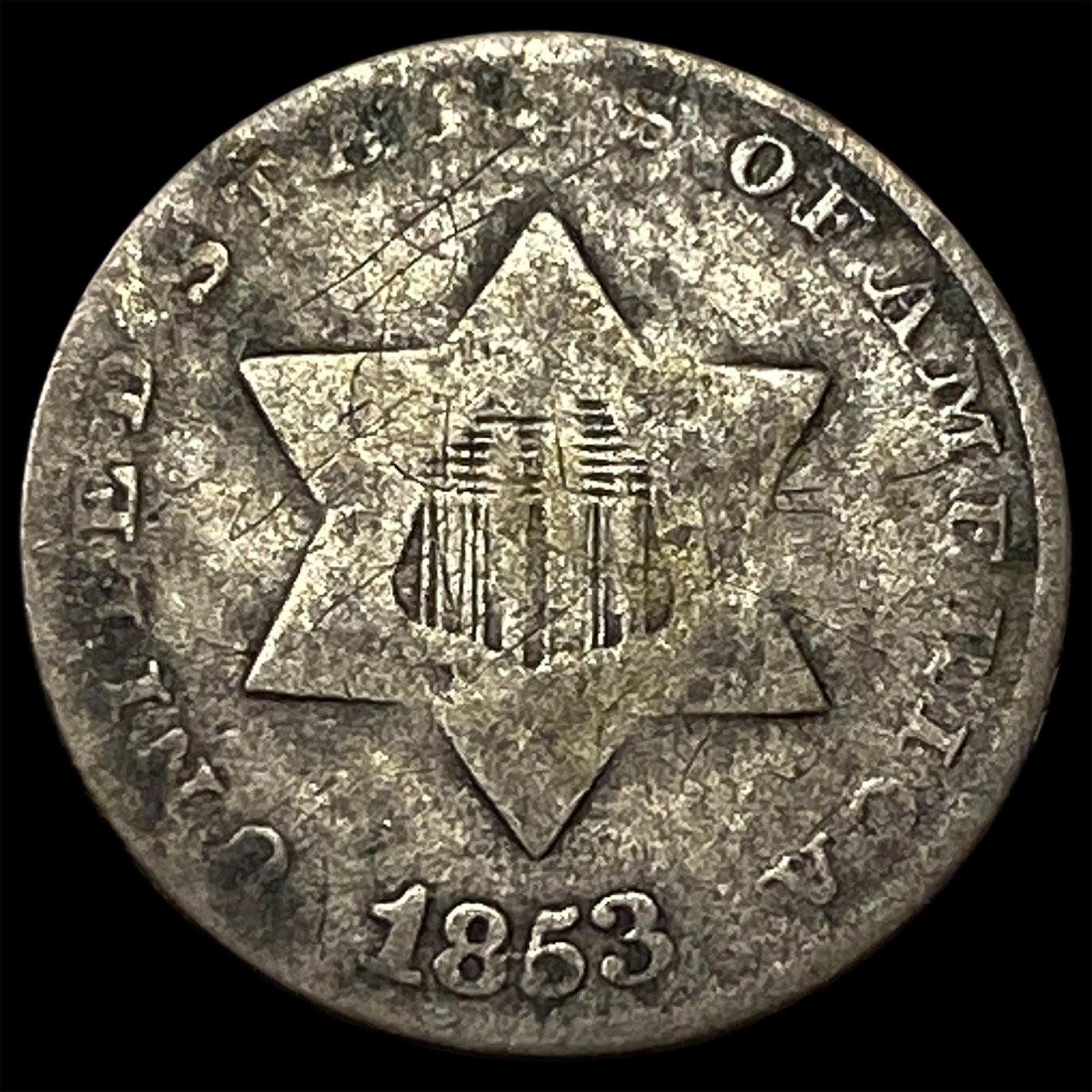 1853 Silver Three-Cent Piece NEARLY UNCIRCULATED: 1853 Silver Three-Cent Piece NEARLY UNCIRCULATED