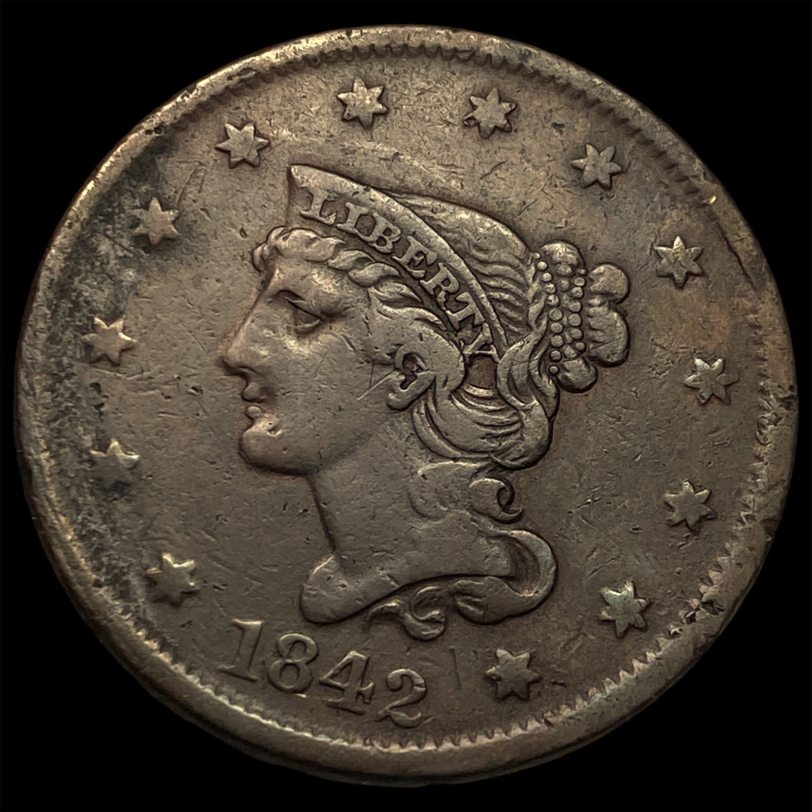 1842 Braided Hair Large Cent LIGHTLY CIRCULATED: 1842 Braided Hair Large Cent LIGHTLY CIRCULATED