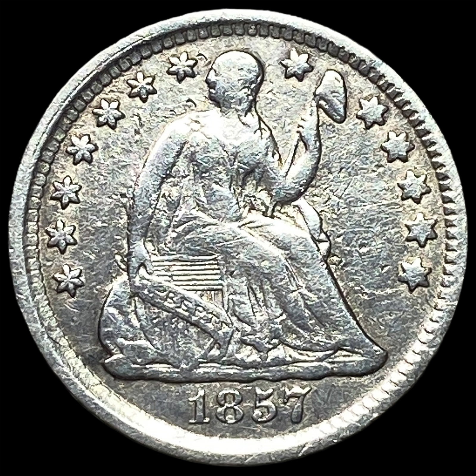 1857 Silver Seated Liberty Half Dime CLOSELY UNCIRCULATED: 1857 Silver Seated Liberty Half Dime CLOSELY UNCIRCULATED