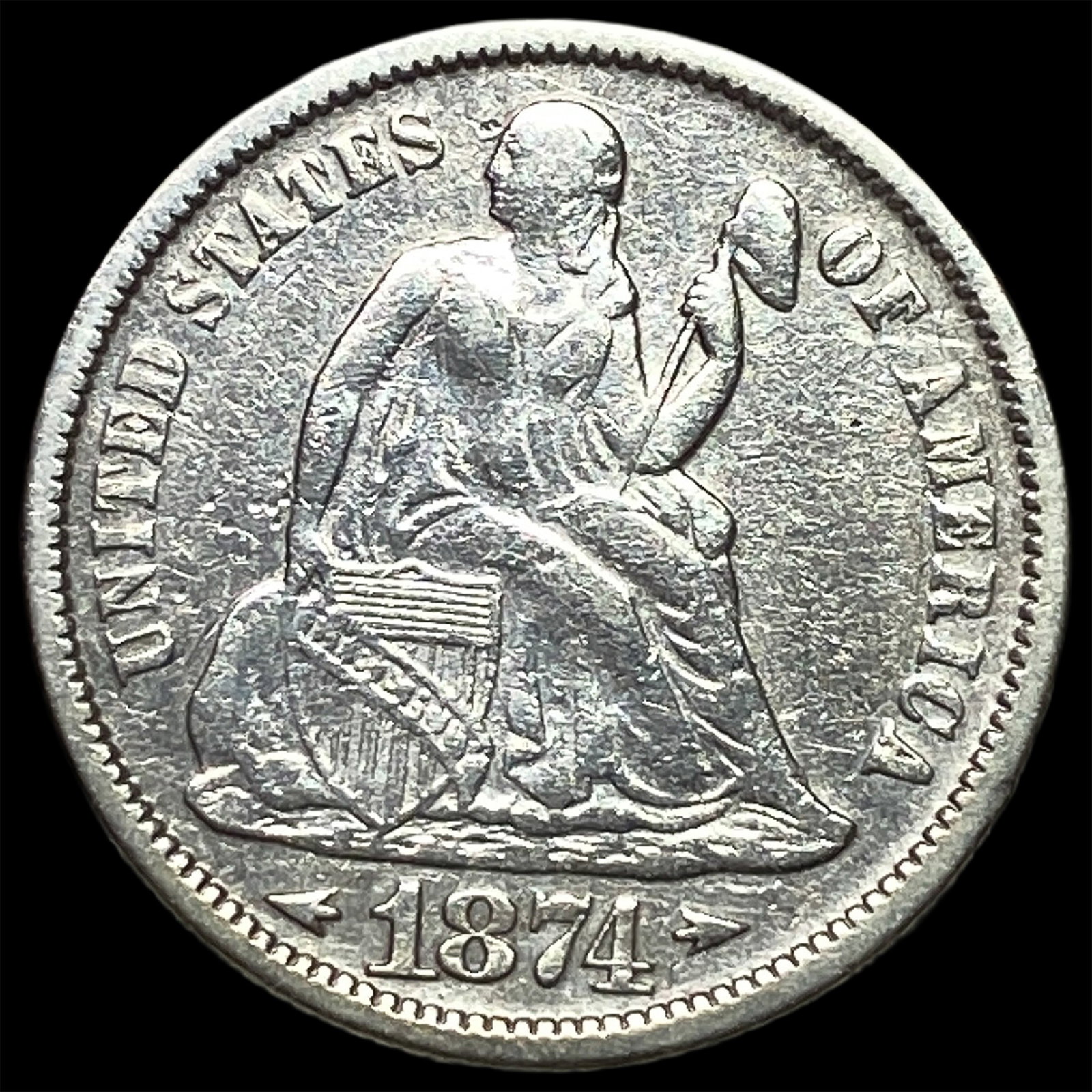 1874 Arrows Silver Seated Liberty Dime CLOSELY UNCIRCULATED: 1874 Arrows Silver Seated Liberty Dime CLOSELY UNCIRCULATED