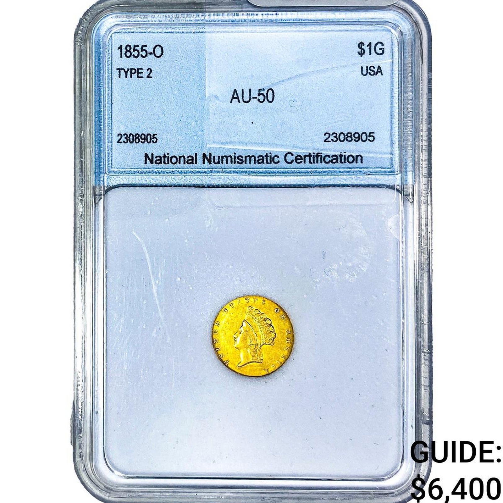 1855-O Type 2 Dollar NNC AU50: 1855-O Type 2 Dollar NNC AU50