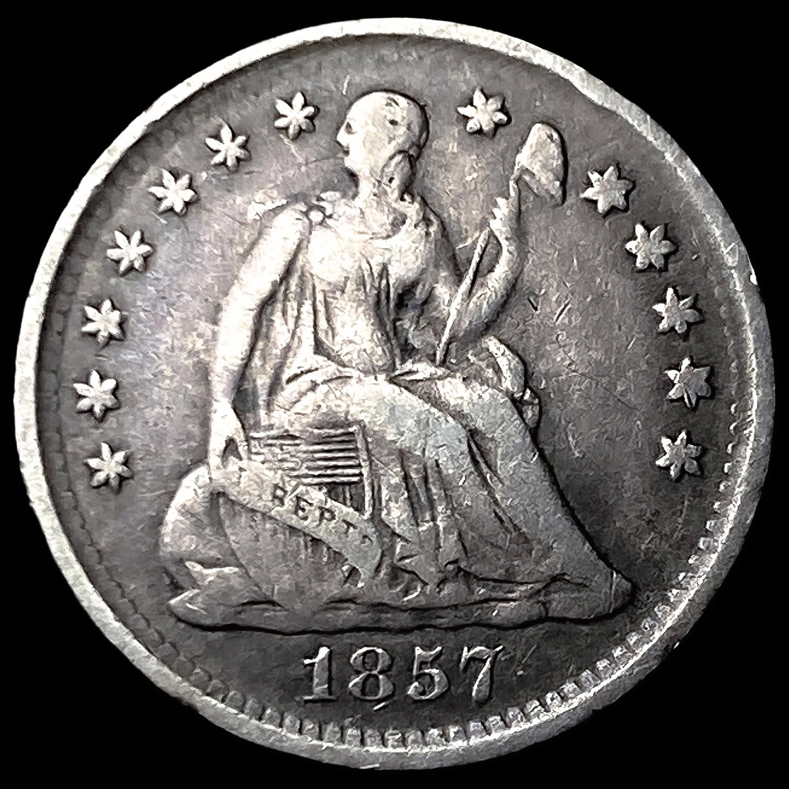 1857 Silver Seated Liberty Half Dime ABOUT UNCIRCULATED: 1857 Silver Seated Liberty Half Dime ABOUT UNCIRCULATED