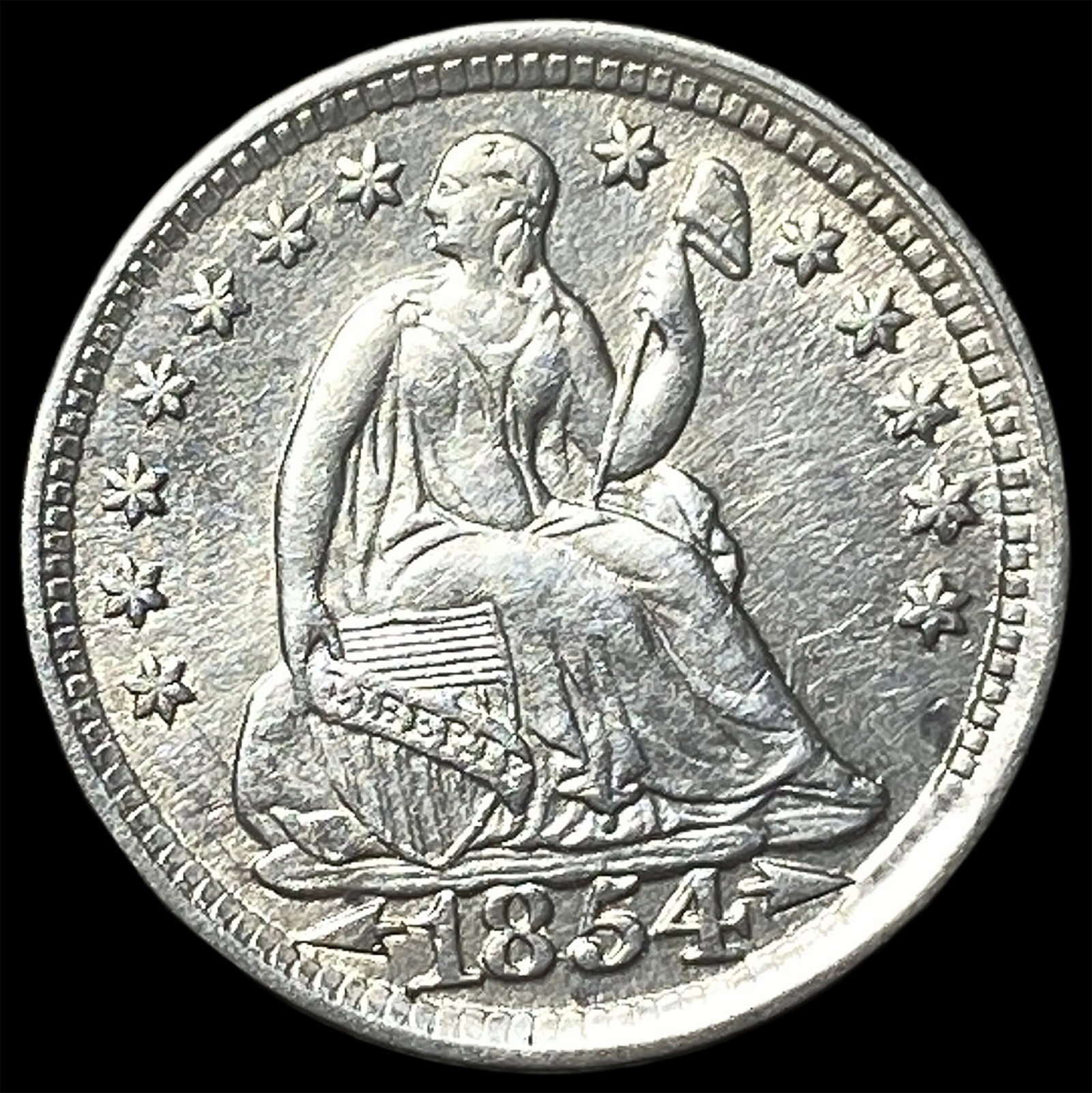 1854 Arrows Seated Liberty Half Dime CLOSELY UNCIRCULATED: 1854 Arrows Seated Liberty Half Dime CLOSELY UNCIRCULATED