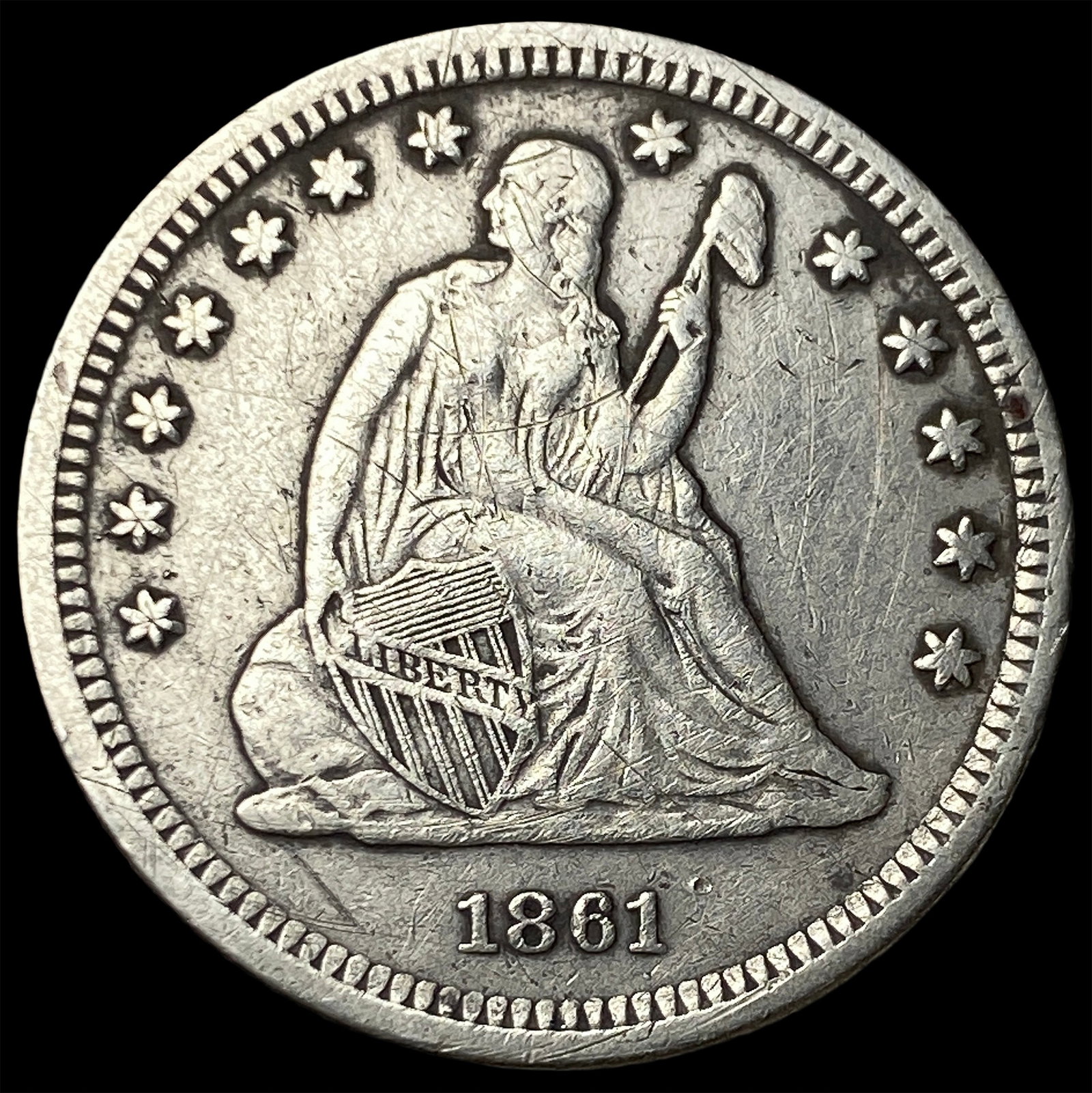 1861 Silver Seated Liberty Quarter NEARLY UNCIRCULATED: 1861 Silver Seated Liberty Quarter NEARLY UNCIRCULATED