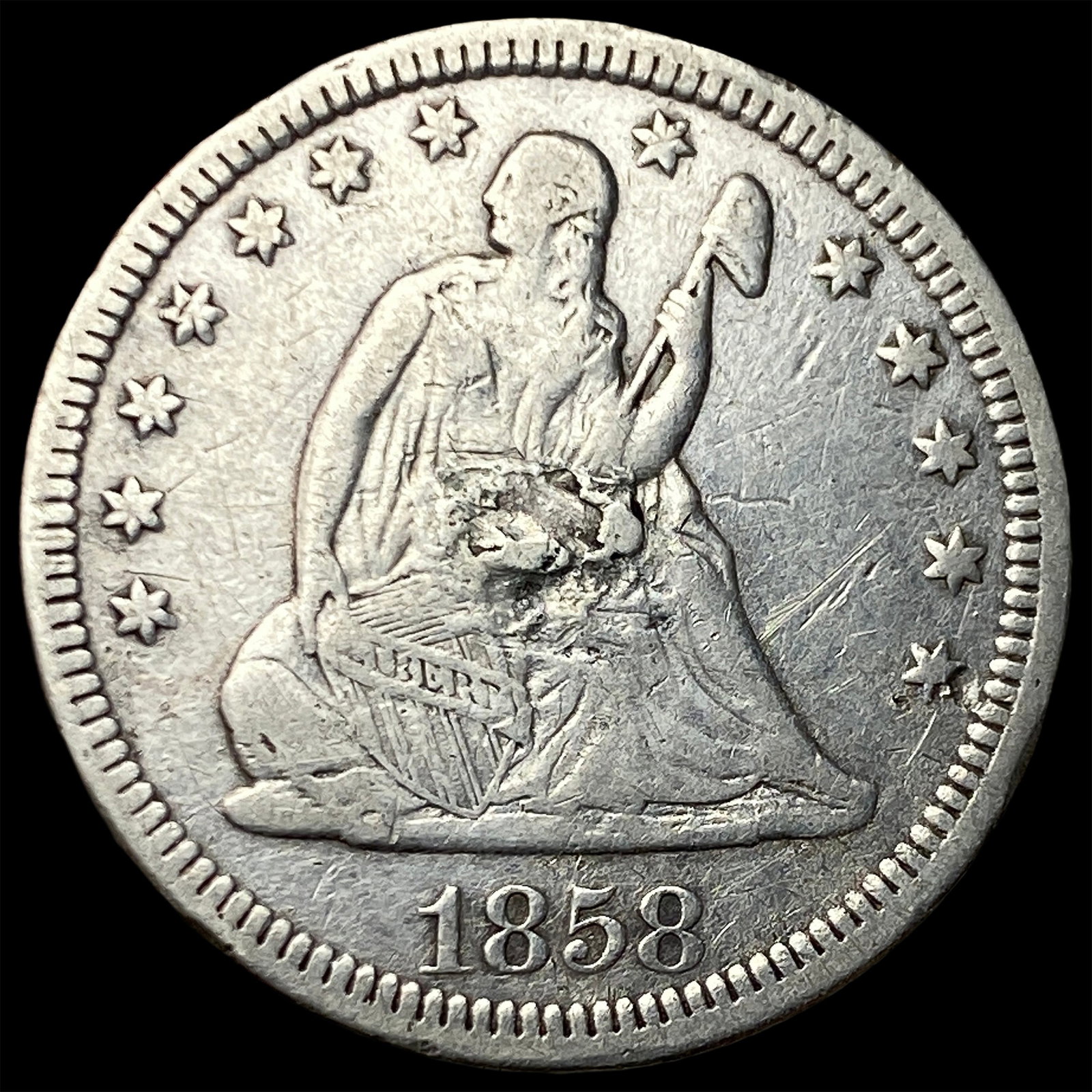 1858 Seated Liberty Quarter NEARLY UNCIRCULATED: 1858 Seated Liberty Quarter NEARLY UNCIRCULATED