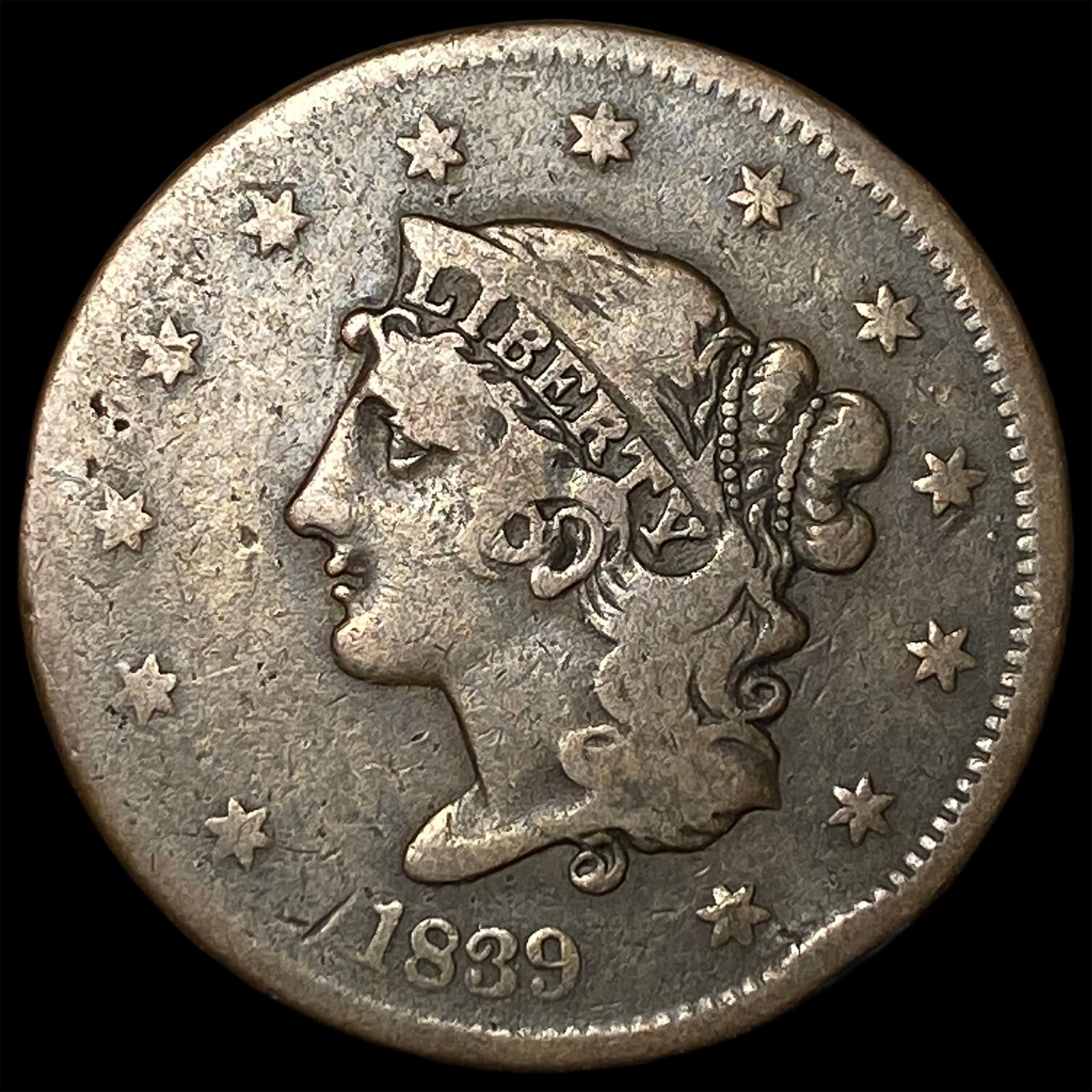 1839 Braided Hair Large Cent NICELY CIRCULATED: 1839 Braided Hair Large Cent NICELY CIRCULATED