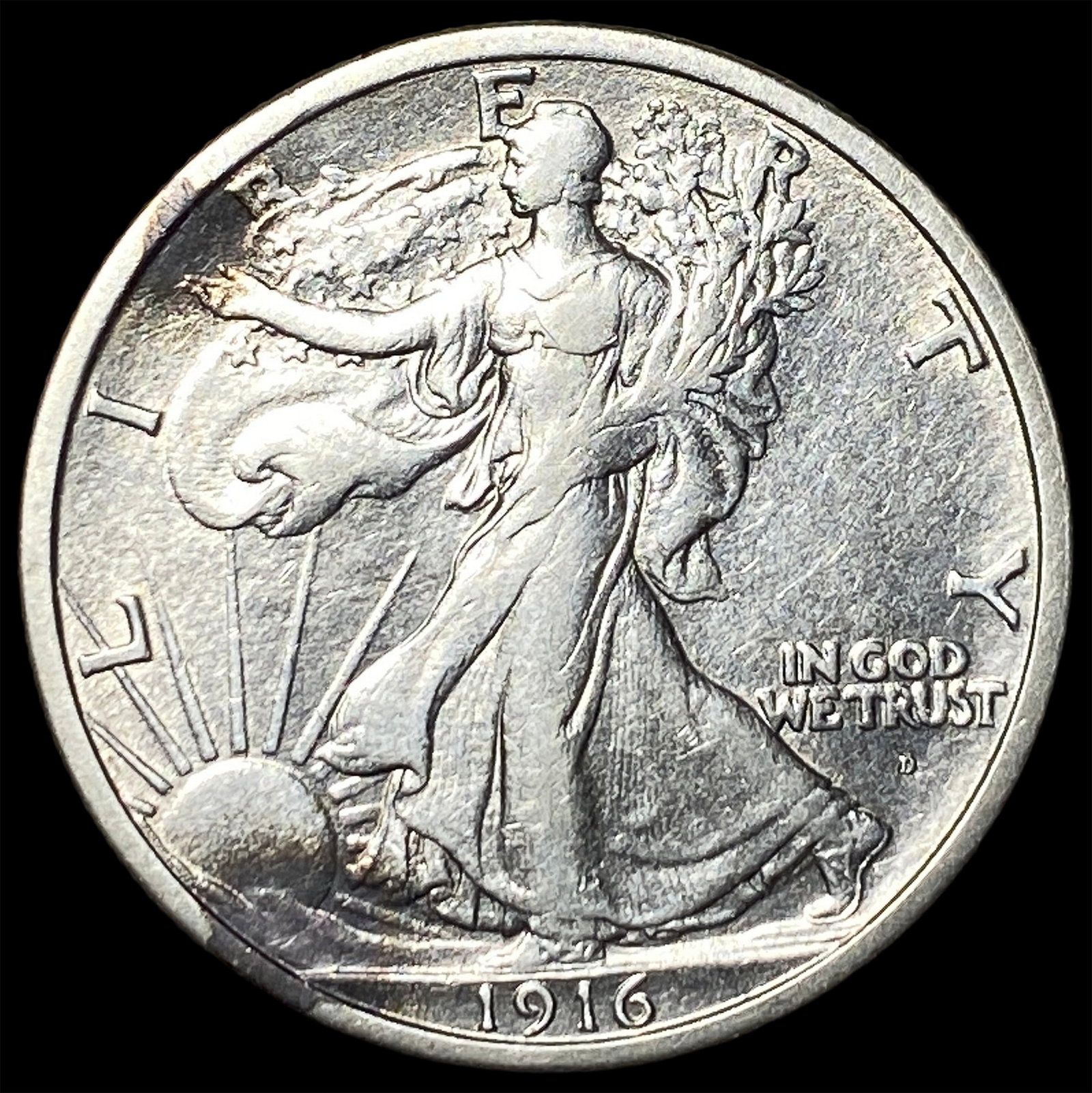 1916-D Silver Walking Liberty Half Dollar NEARLY UNCIRCULATED: 1916-D Silver Walking Liberty Half Dollar NEARLY UNCIRCULATED