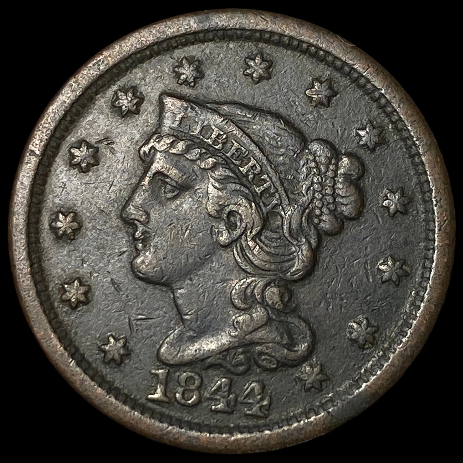 1844 Braided Hair Large Cent NEARLY UNCIRCULATED (1 of 2)