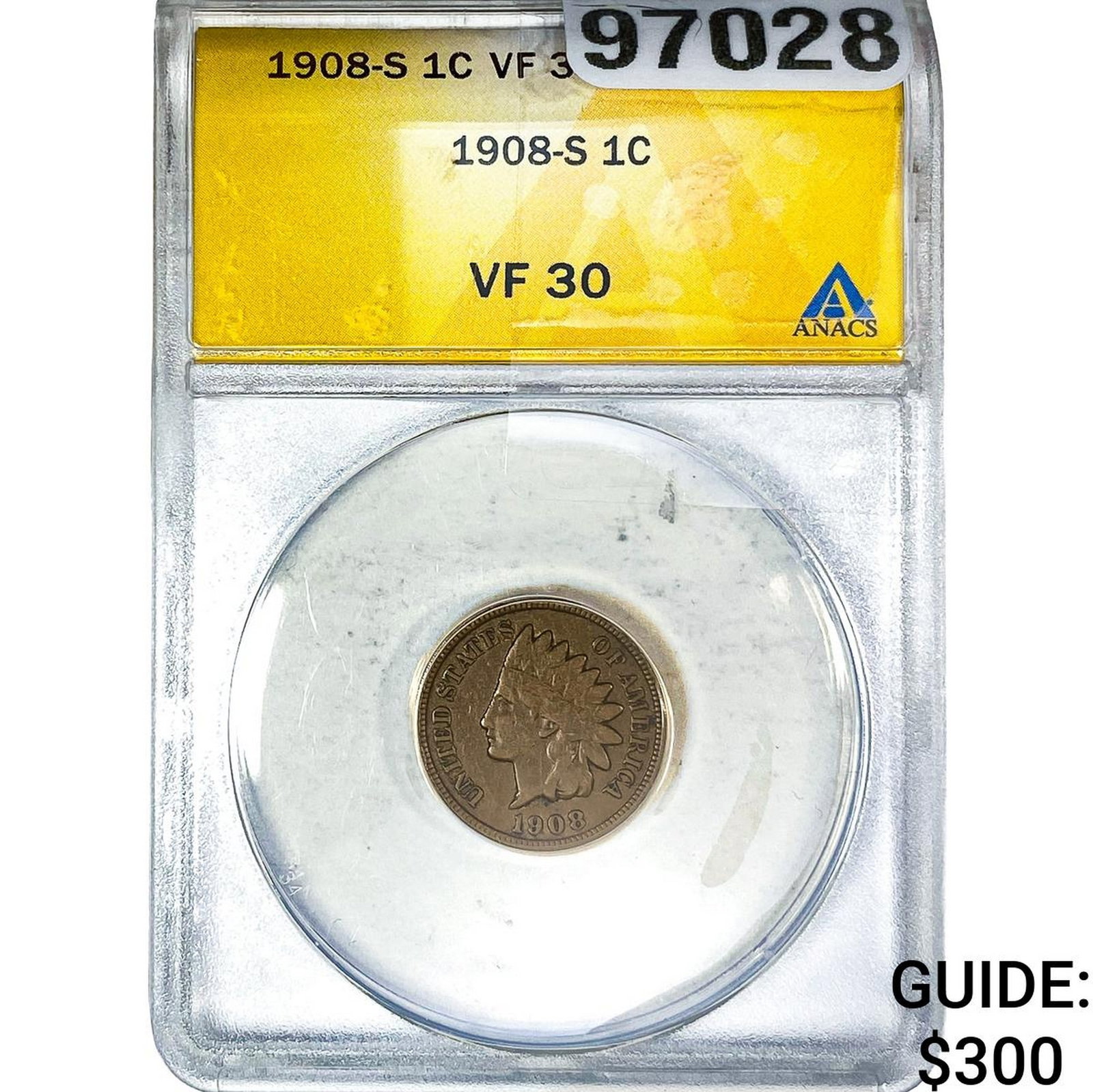 1908-S Indian Head Cent ANACS VF30: 1908-S Indian Head Cent ANACS VF30
