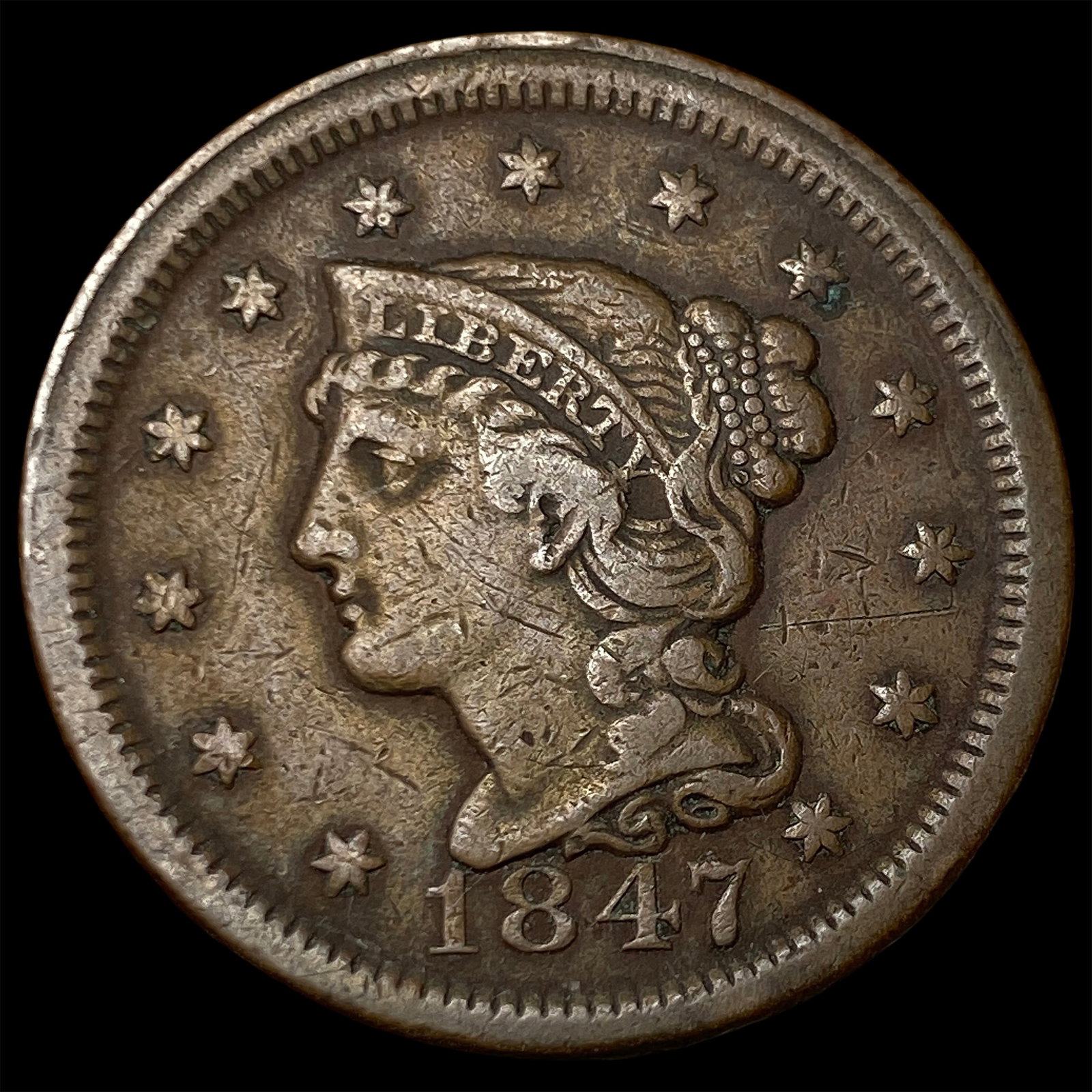 1847 Braided Hair Large Cent NEARLY UNCIRCULATED (1 of 2)