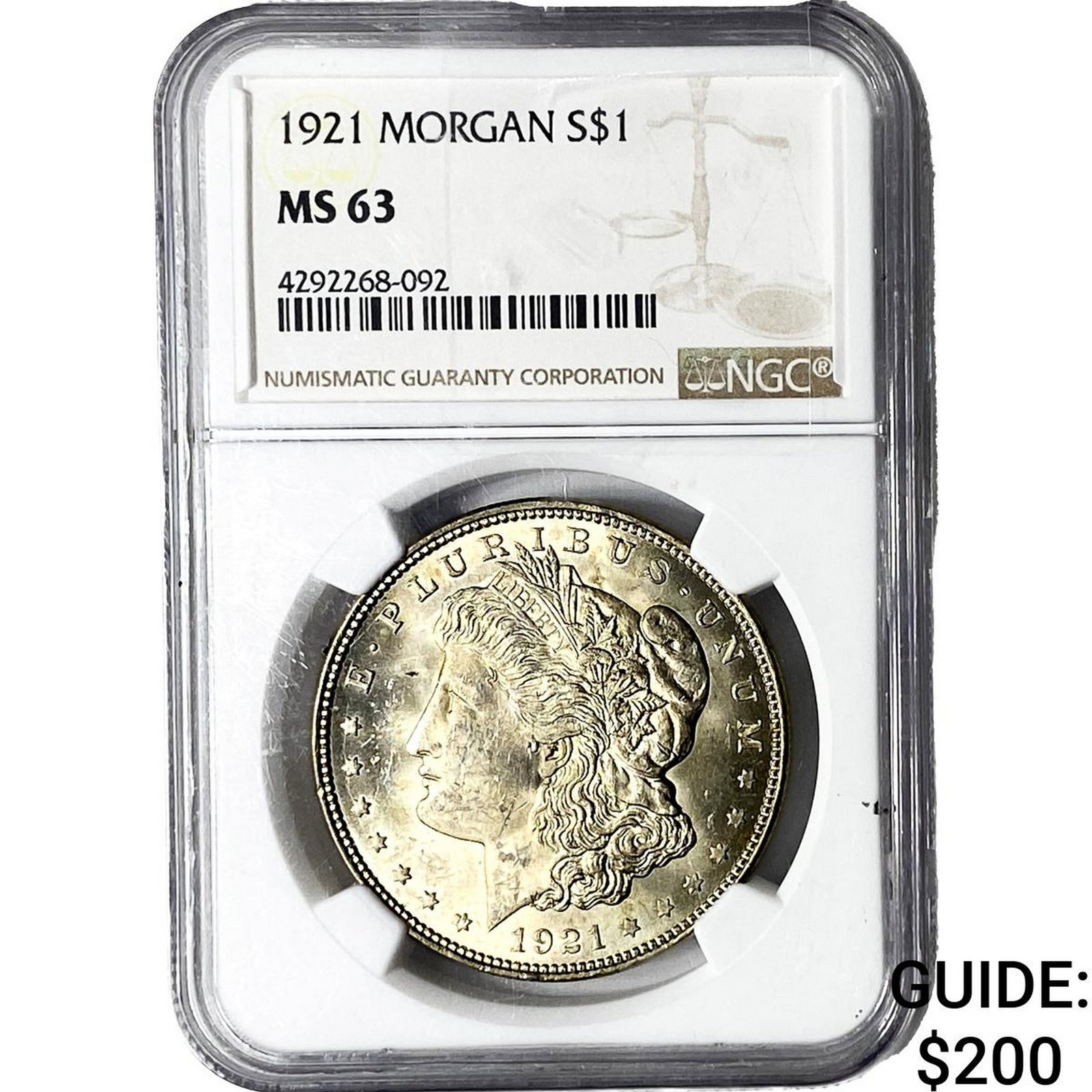 1921 Morgan Silver Dollar NGC MS63: 1921 Morgan Silver Dollar NGC MS63