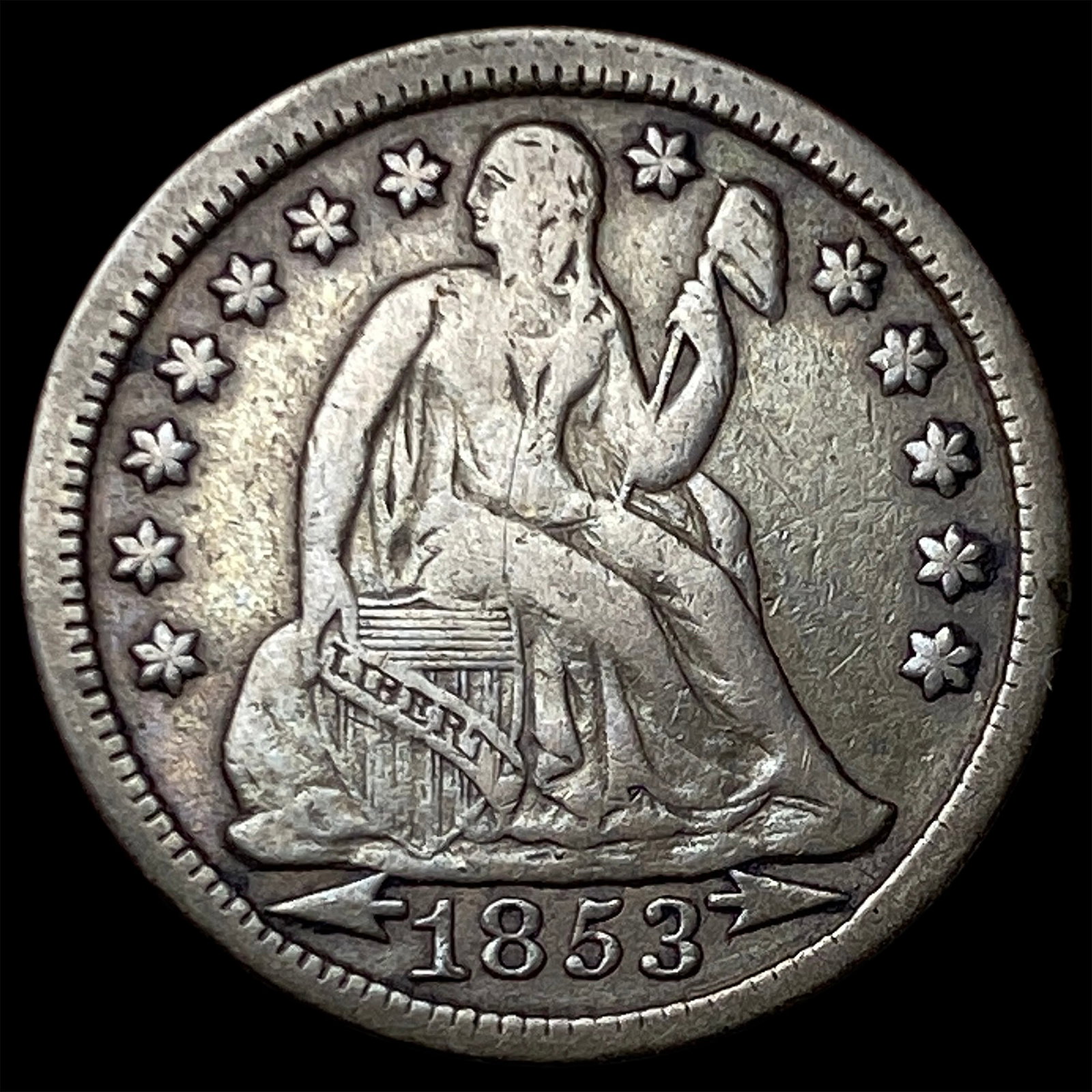 1853 Arrows Seated Liberty Dime CLOSELY UNCIRCULATED: 1853 Arrows Seated Liberty Dime CLOSELY UNCIRCULATED