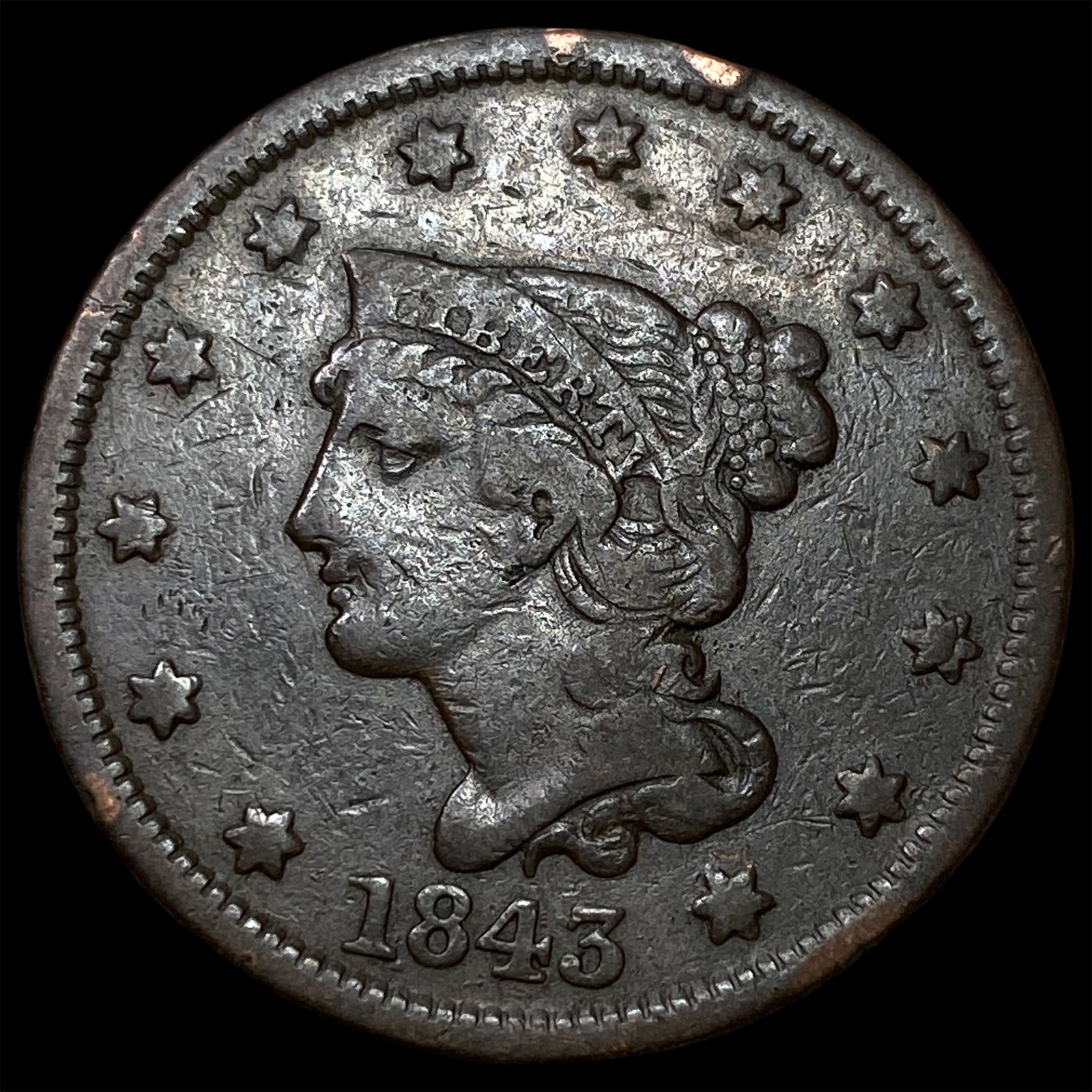 1843 Braided Hair Large Cent LIGHTLY CIRCULATED: 1843 Braided Hair Large Cent LIGHTLY CIRCULATED