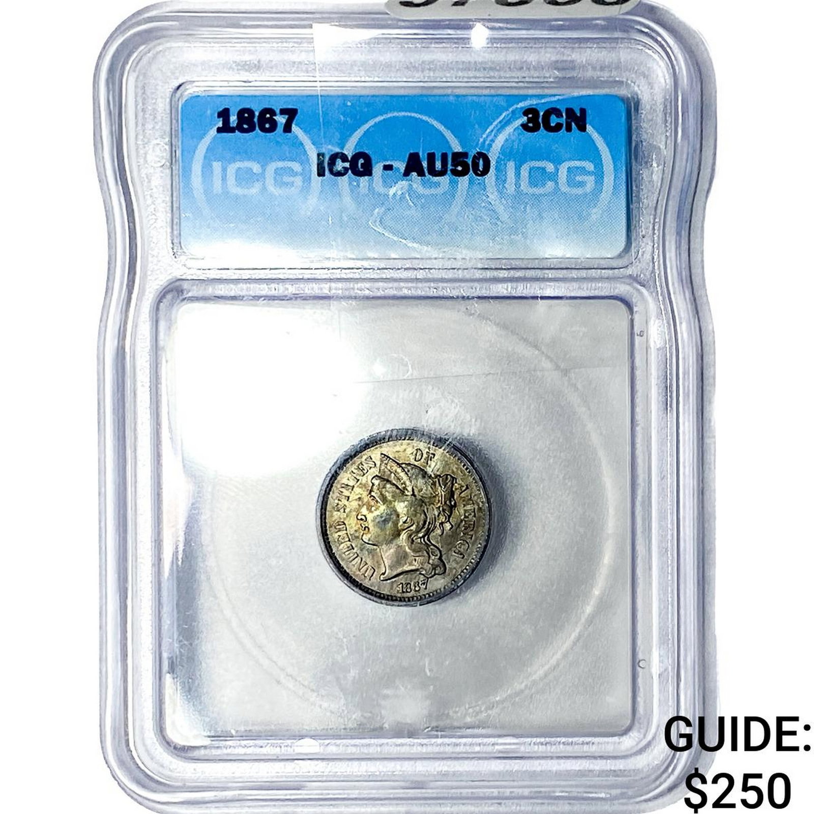 1867 Nickel Three Cent ICG AU50: 1867 Nickel Three Cent ICG AU50